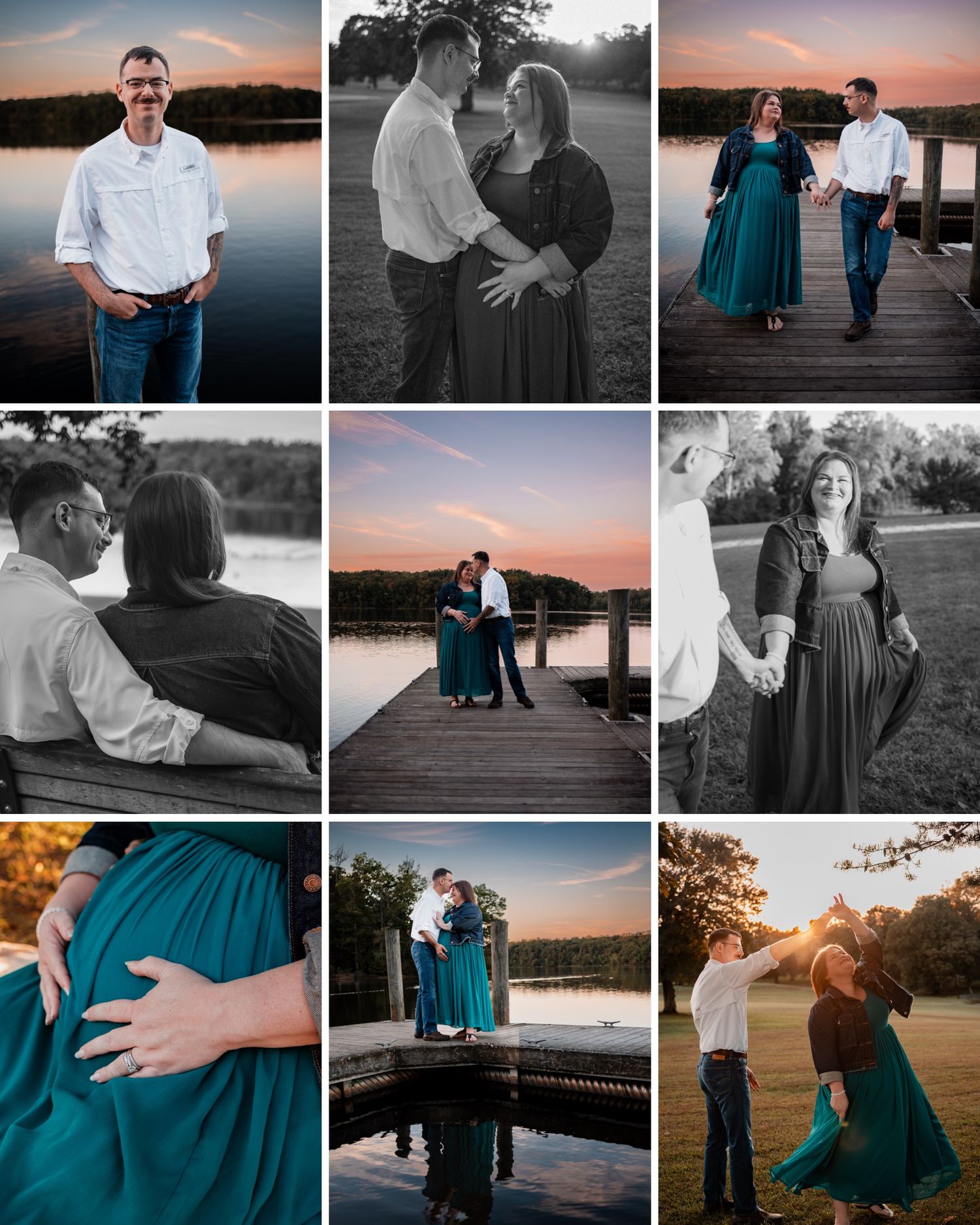 Romantic sunset engagement photos showcase couple in teal dress and white shirt by the water.