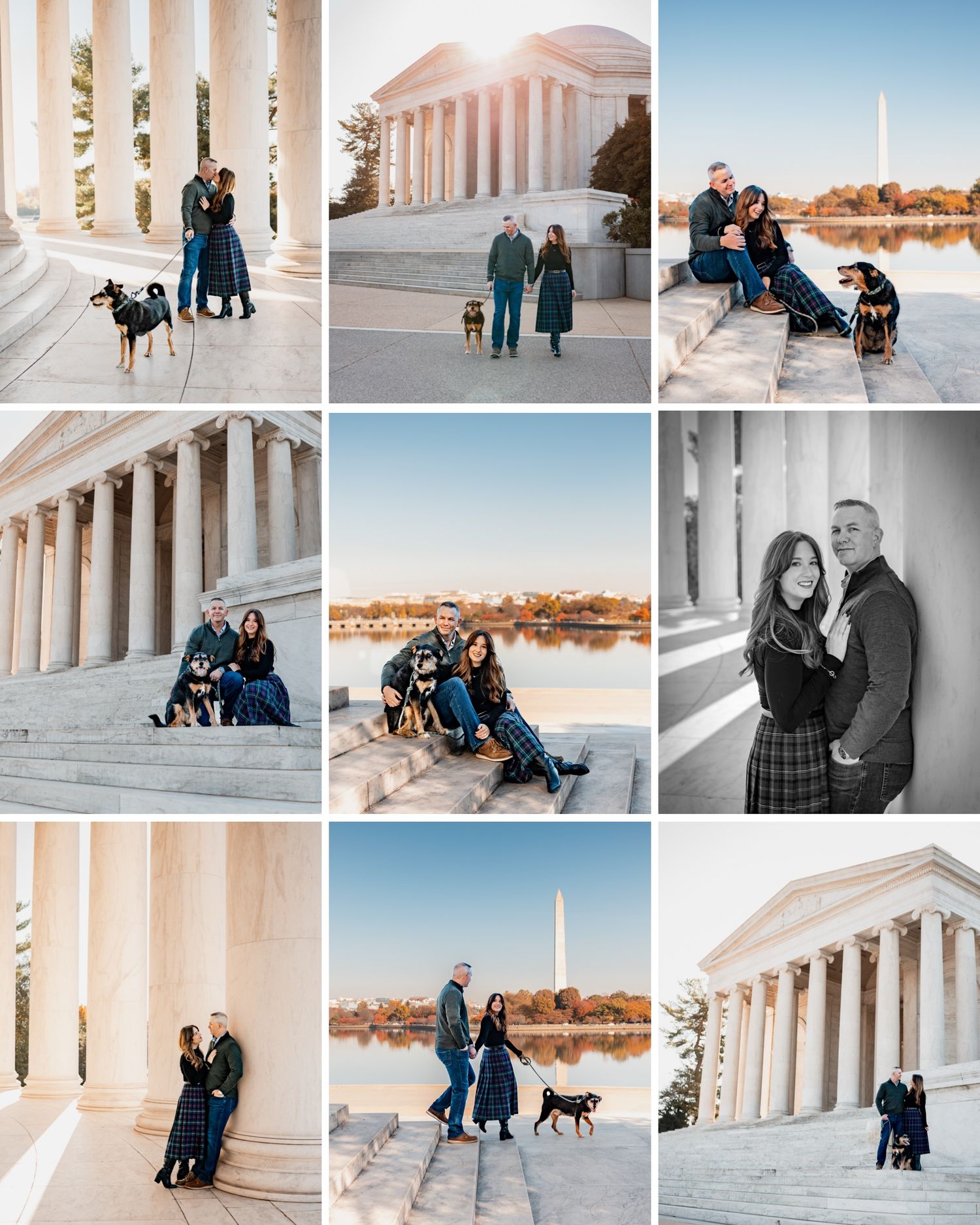 A collection of winter photos at the Jefferson Memorial and Tidal Basin featuring a couple and their dog against iconic DC monuments.