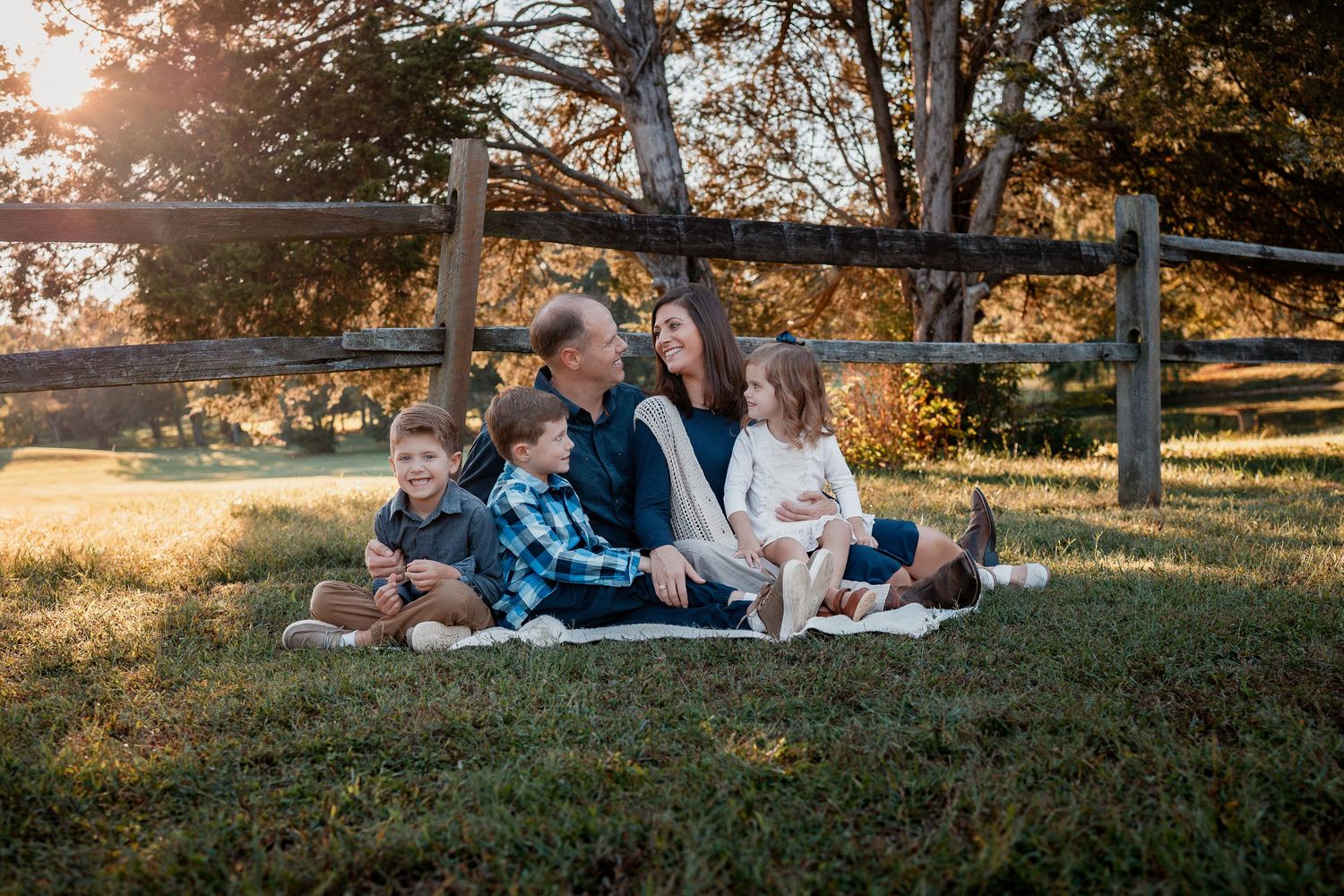 A group relaxes together on a blanket in a grassy park during golden hour sunset.