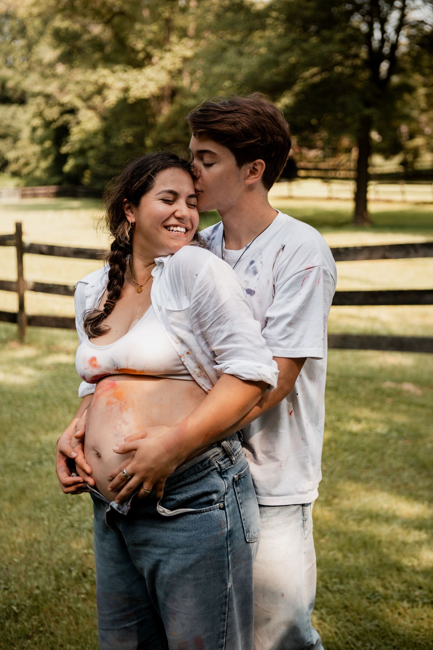 Candid outdoor family photoshoot sequence in a sunny park setting.