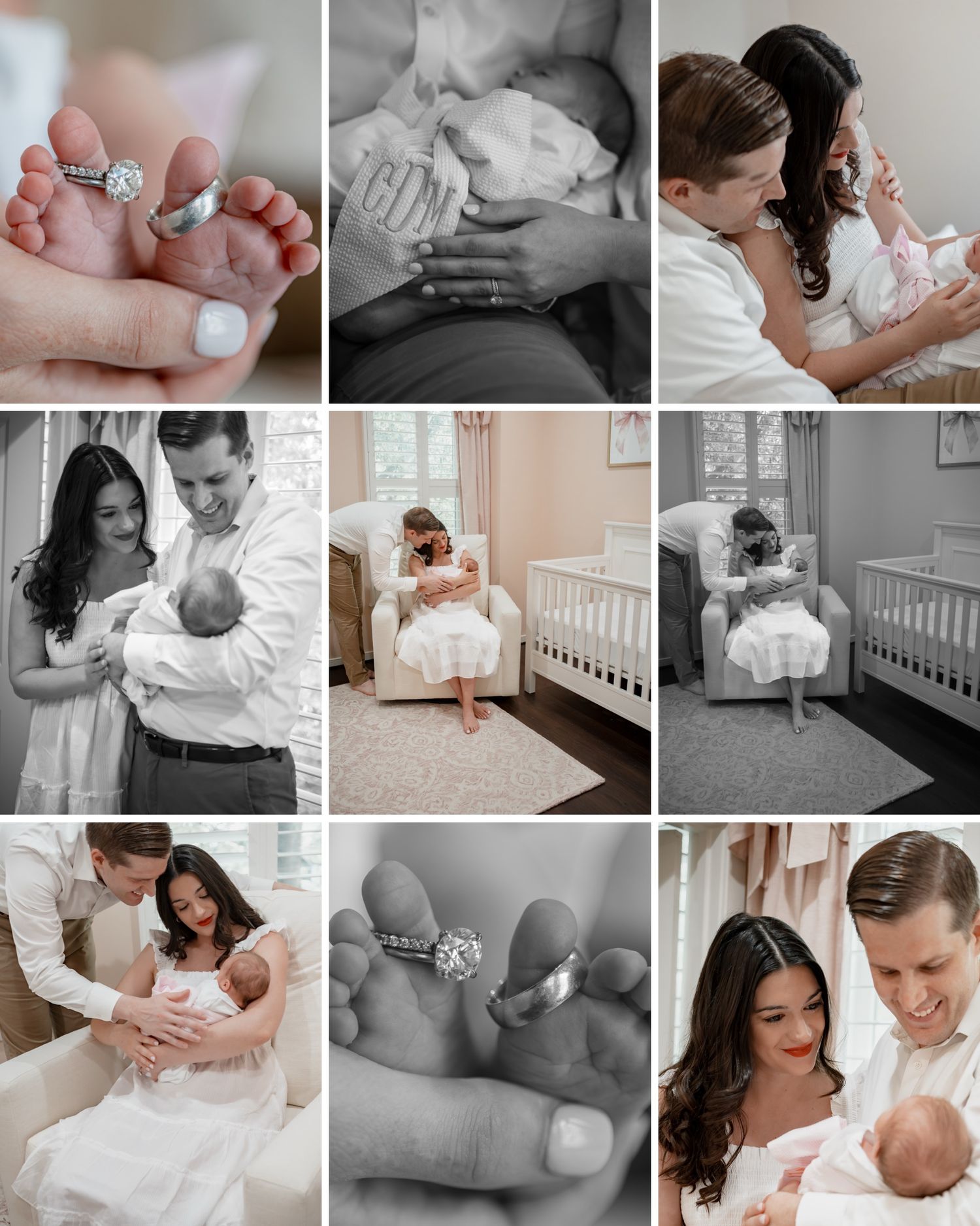 A tender collection of black and white newborn photography moments showing gentle embraces and nursery details.