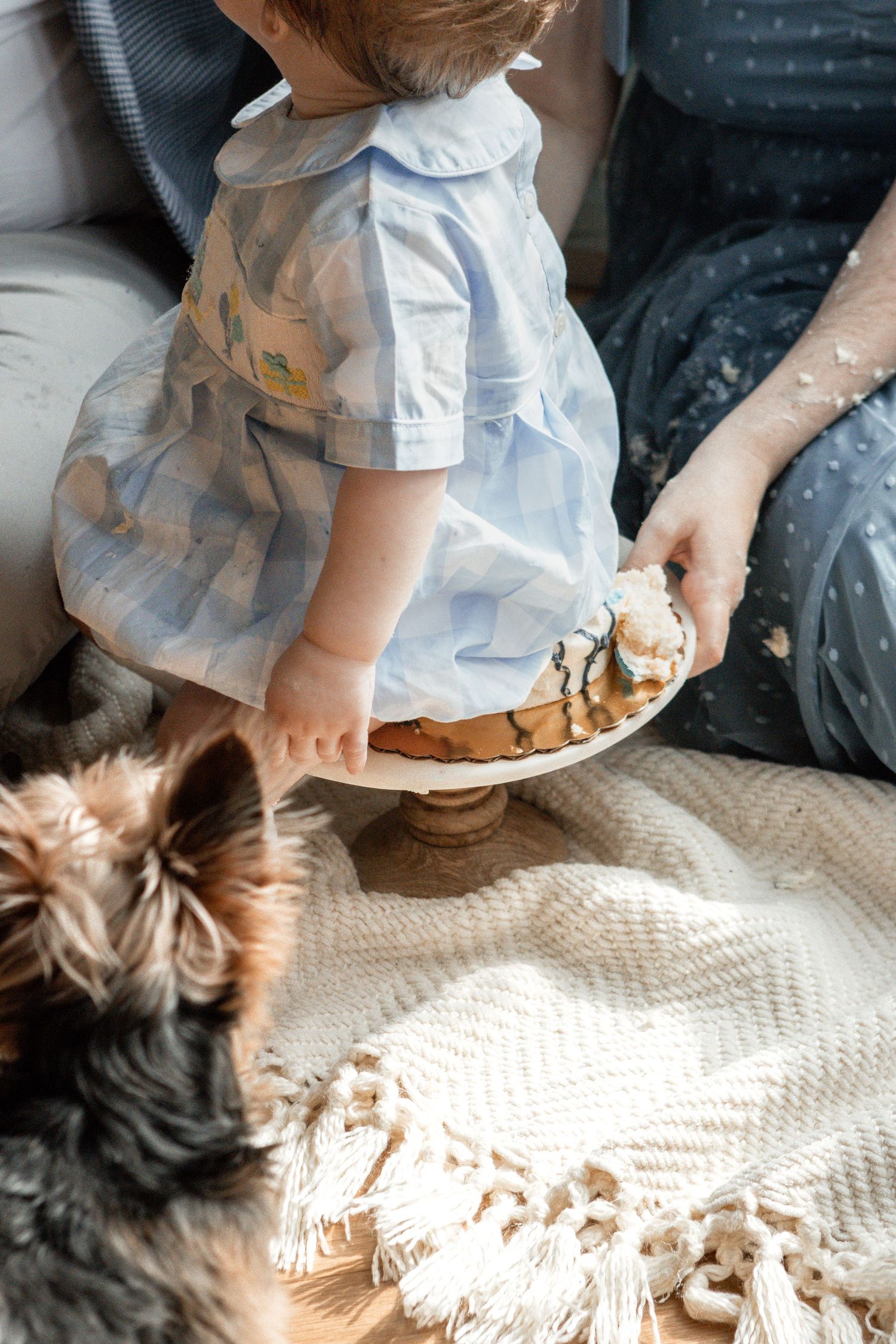 A small child in a light blue dress sits on a textured blanket with a snack while a dog peeks into the frame.