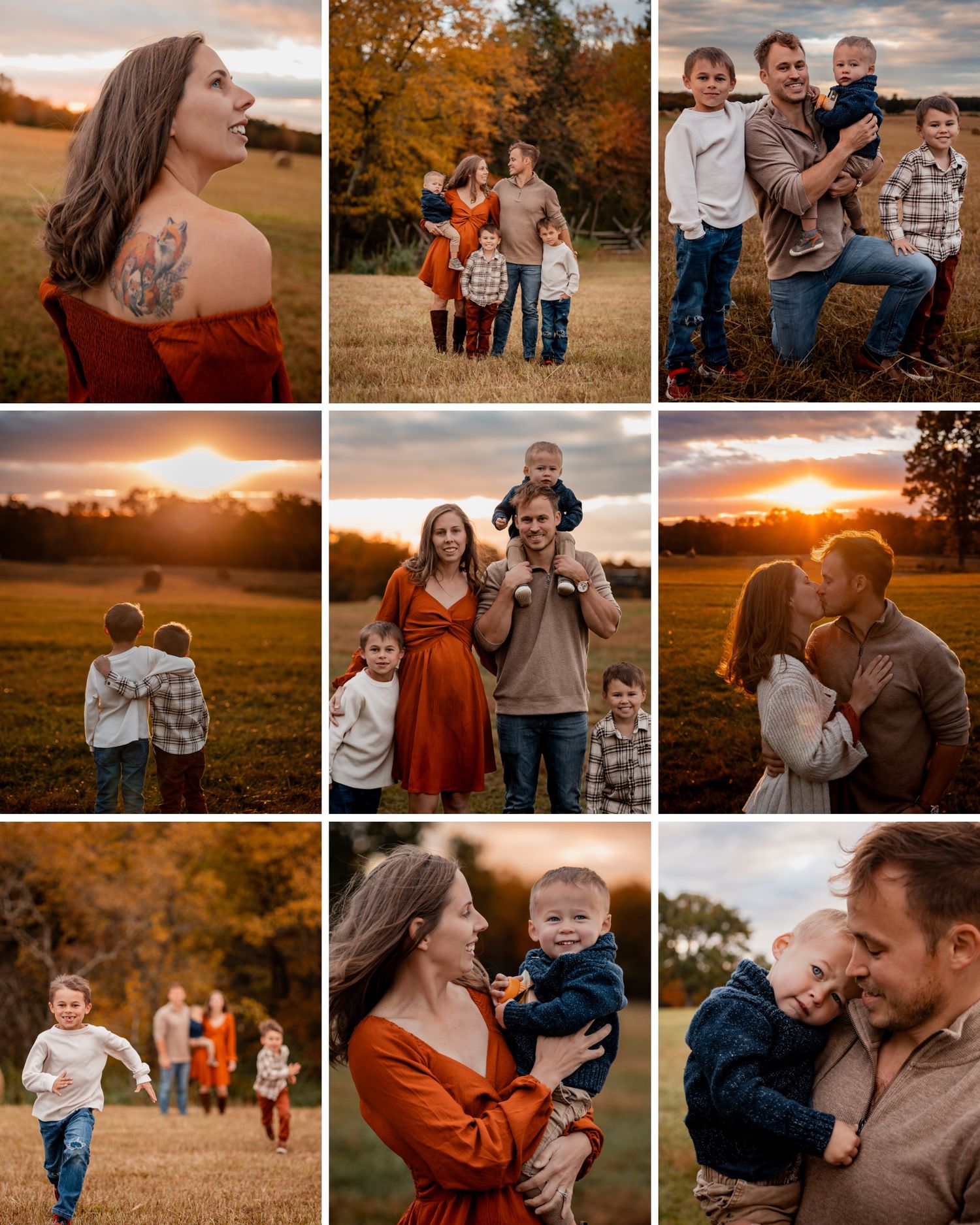 A heartwarming family photo session in a golden field during sunset with warm autumn colors and natural interactions.