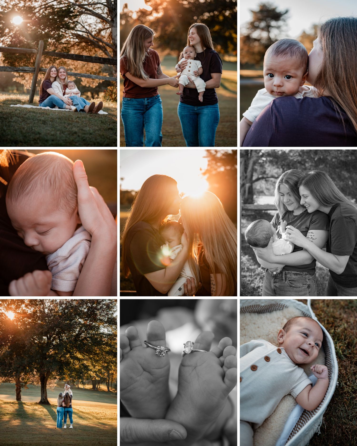 Collection of outdoor sunset family photos and intimate newborn moments captured in warm autumn lighting.