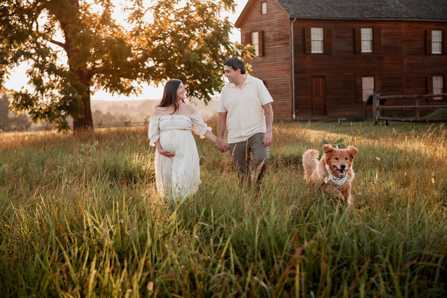 Two people walking their dog in a grassy field at sunset with a rustic red barn in the background.