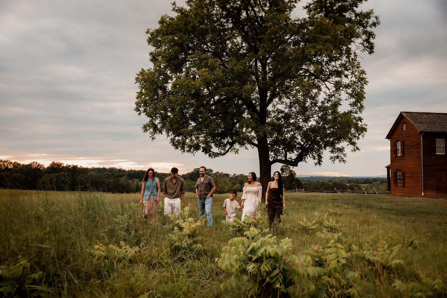 Group of people walking in a lush green field near a large tree and red barn at dusk.