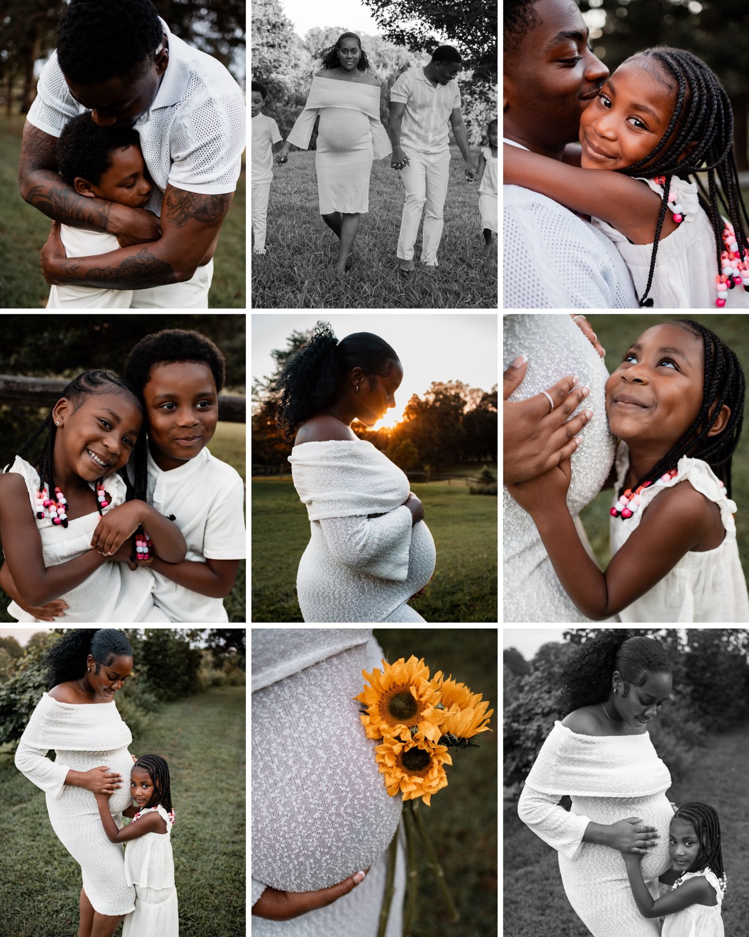 A collage of intimate maternity and pregnancy photoshoot moments in black and white and color with sunflowers.