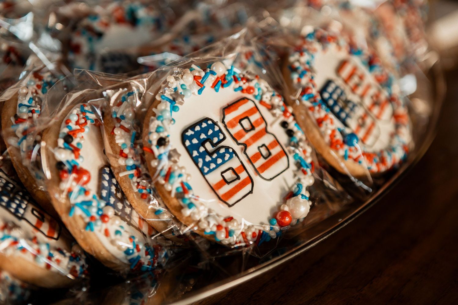 Wrapped snacks or treats with blue and red patriotic American flag design packaging.