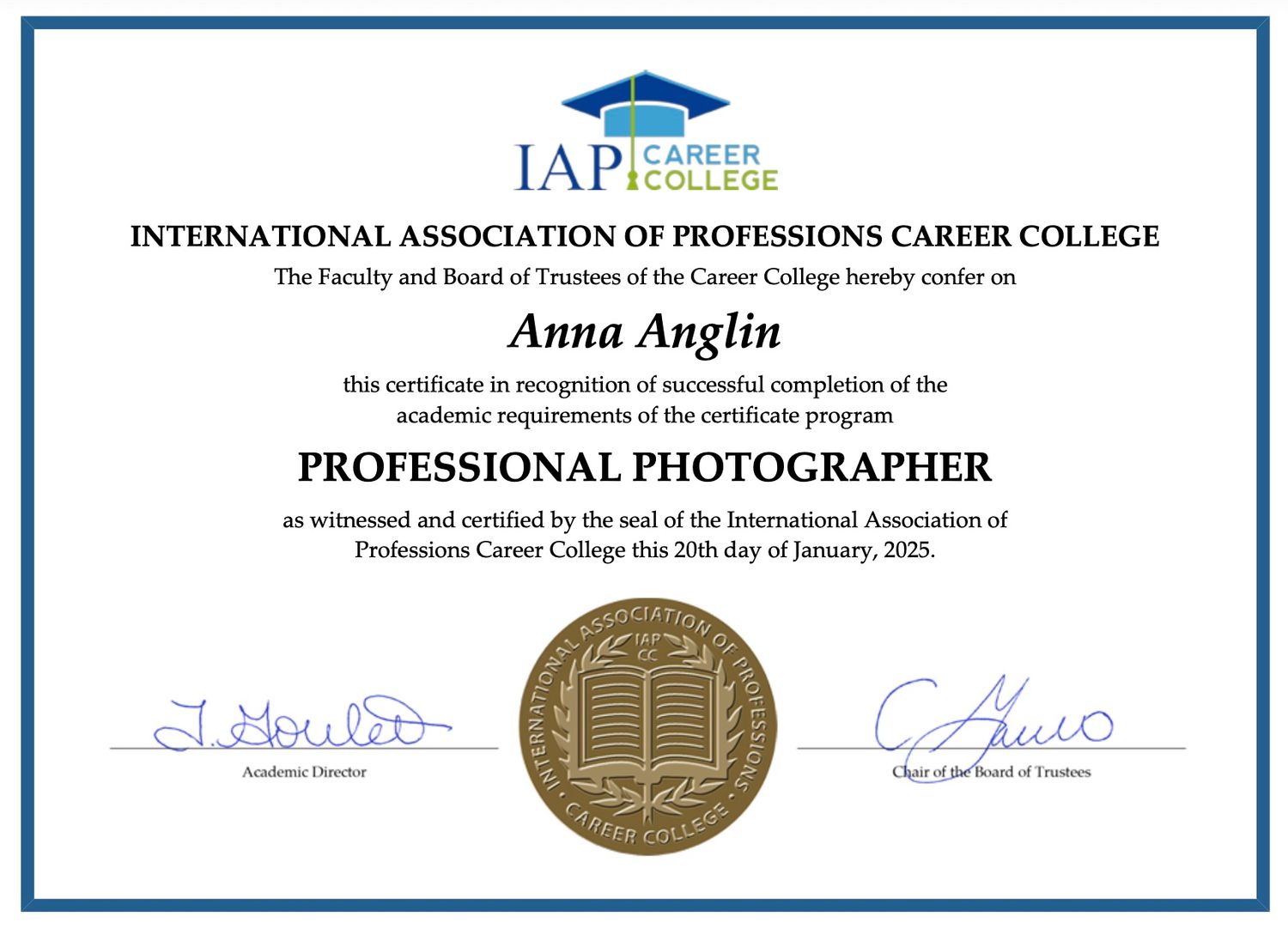 A professional photography certification diploma with gold seal and blue header from IAP College.