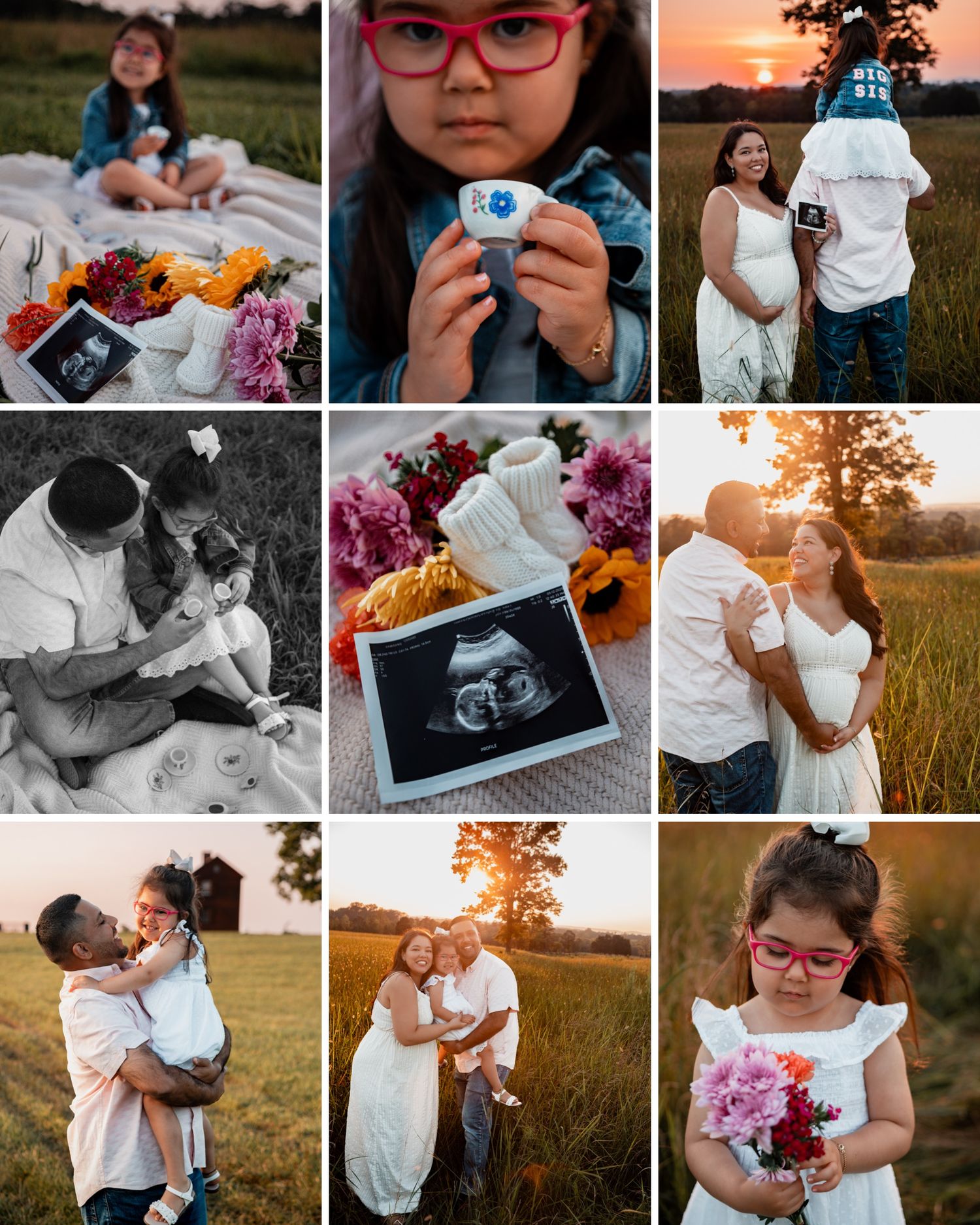 Joyful pregnancy announcement photoshoot with ultrasound images and floral accents at sunset.