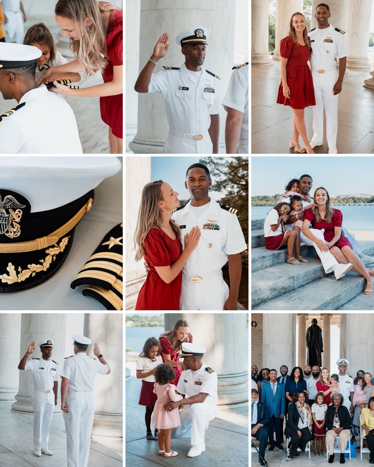 A collage of formal naval wedding photos showing white uniforms and red dresses in various outdoor and indoor settings.
