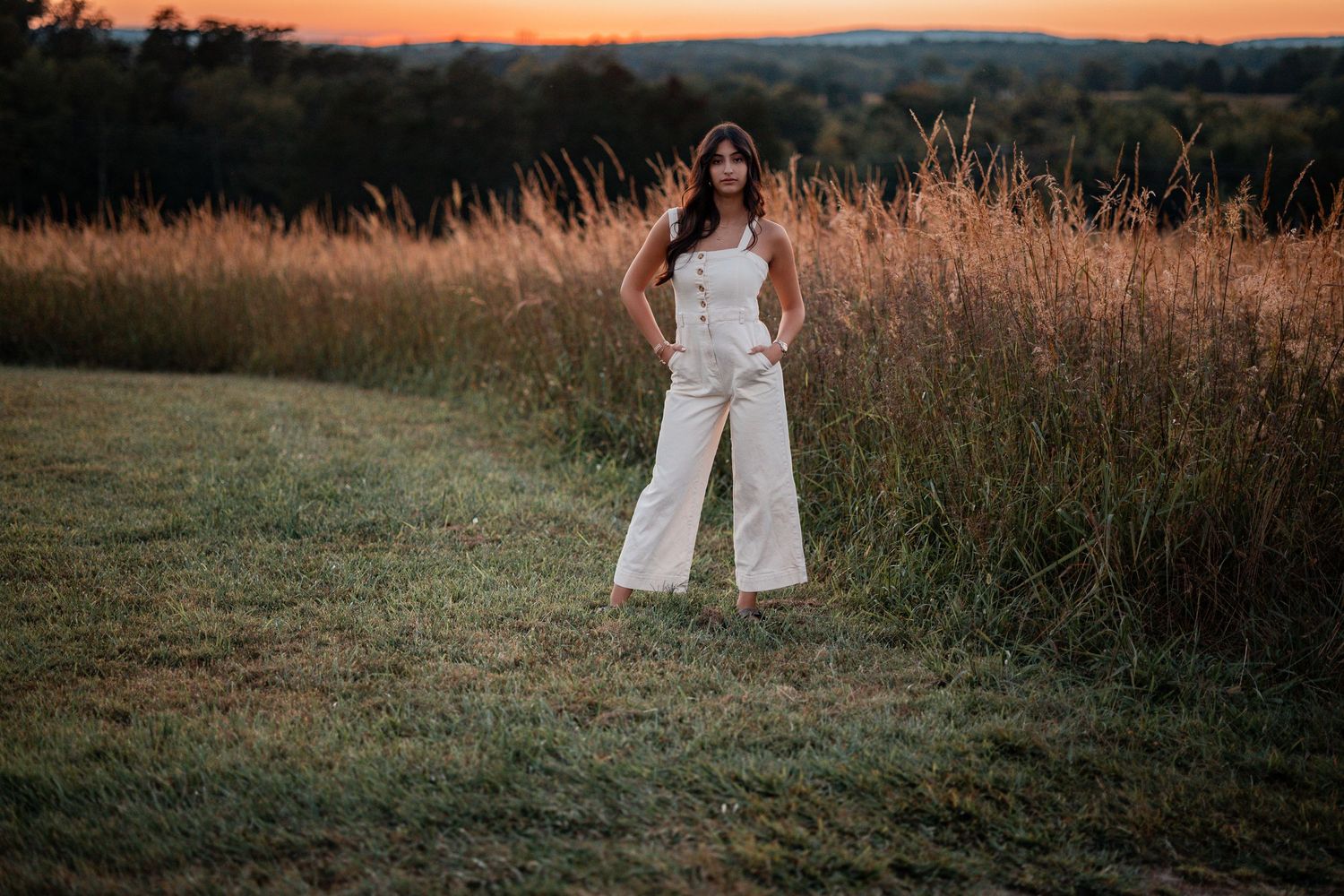 A figure stands in a golden field during sunset with mountains visible in the background.