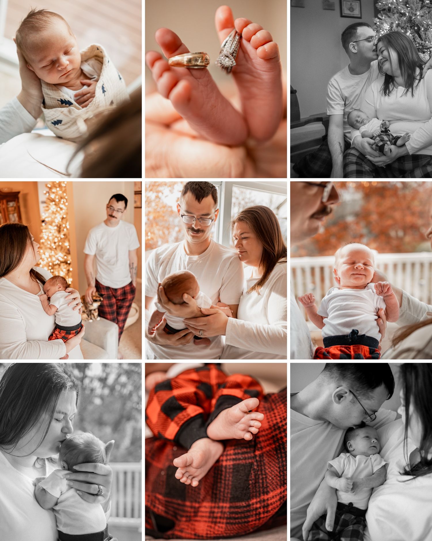 Intimate lifestyle photography session capturing sweet family moments at home in black, white and red tones.
