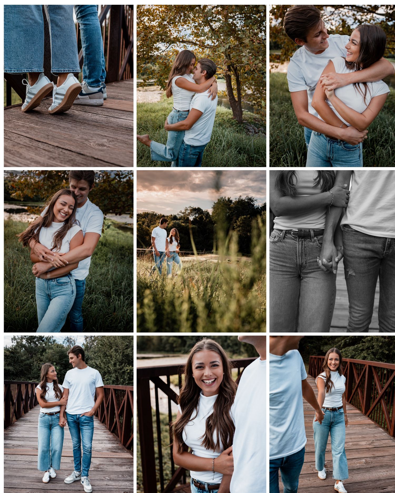 Romantic couple photoshoot in casual denim and white outfits showing tender embraces and candid moments outdoors.