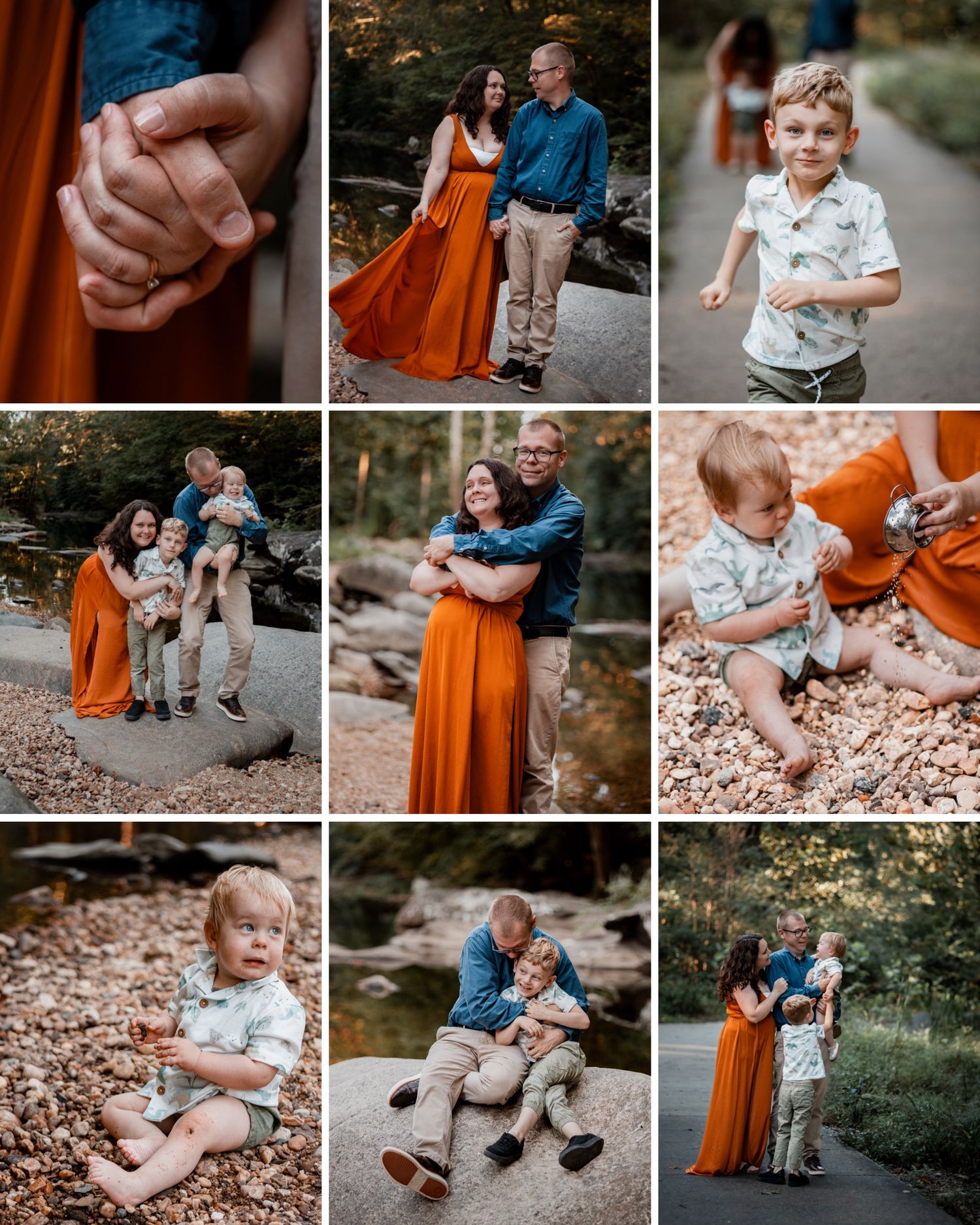 A collection of outdoor family photos featuring warm tones, an orange dress, and natural settings along a wooded path.