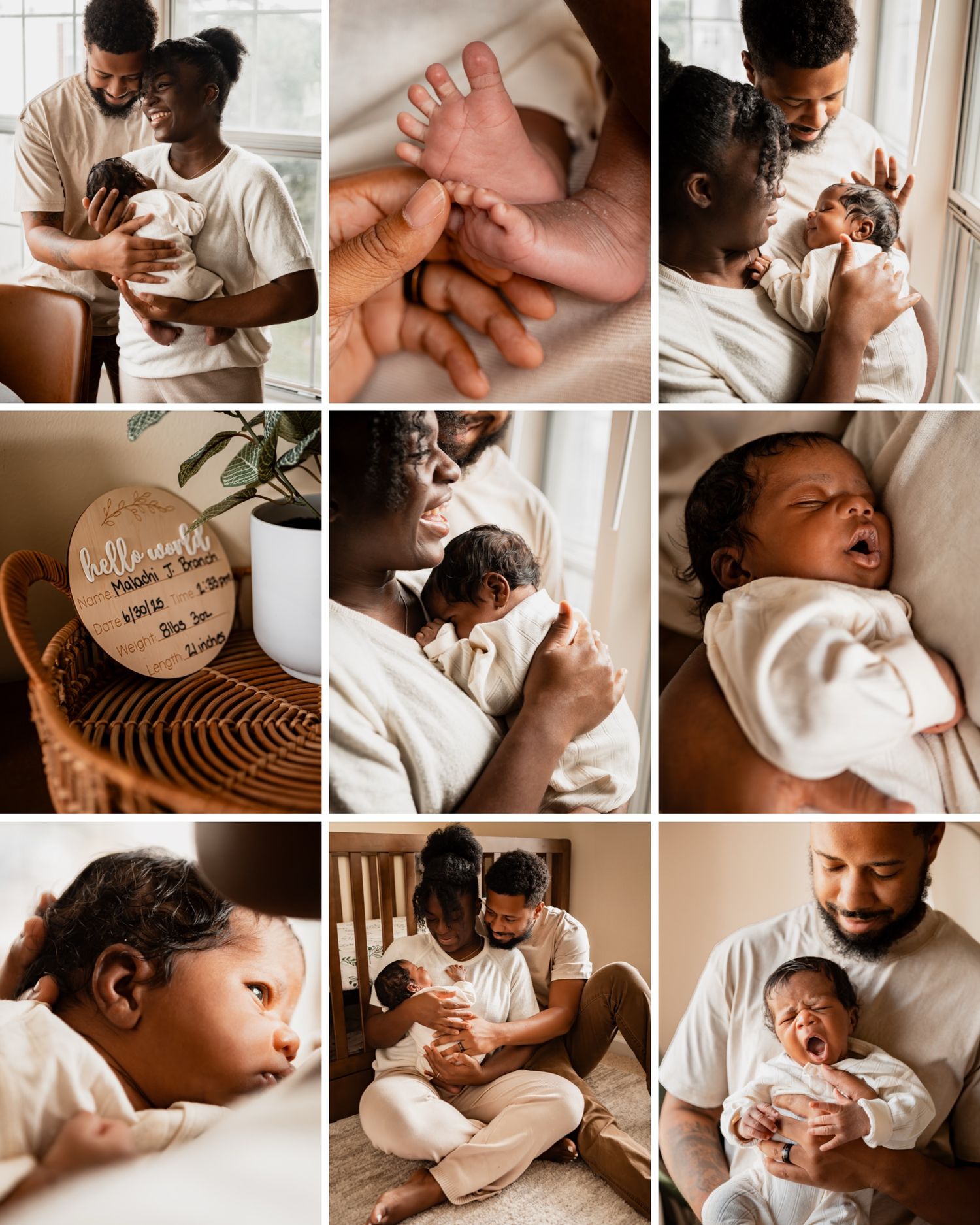 Intimate lifestyle photo collection showing tender moments between parent and newborn in warm neutral tones.