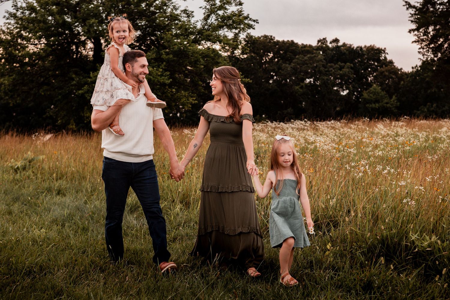 Three soft and romantic engagement photos showing a couple in a golden summer meadow at sunset.