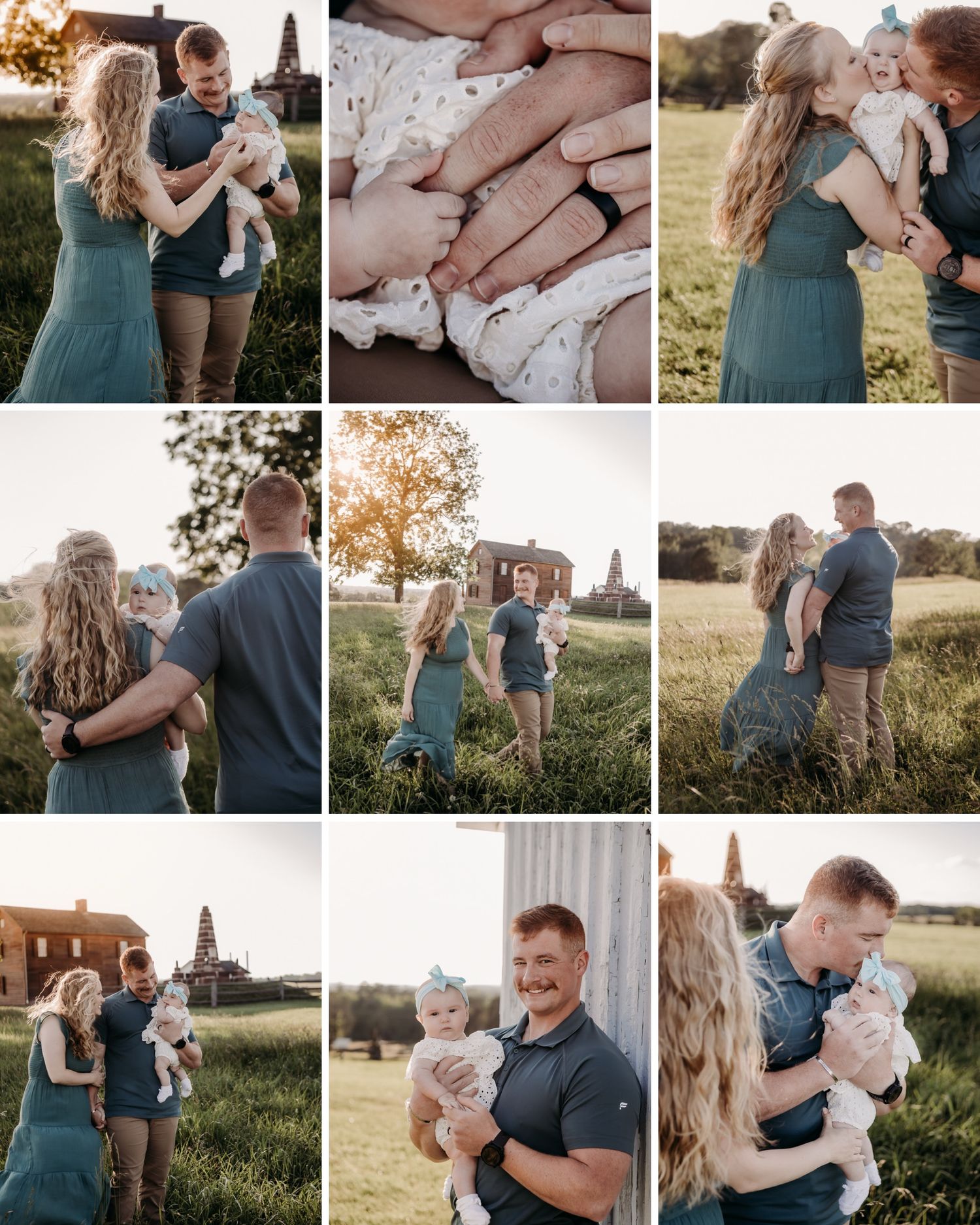 A romantic outdoor photoshoot at sunset featuring a couple in a green dress and gray shirt near a rustic church building.