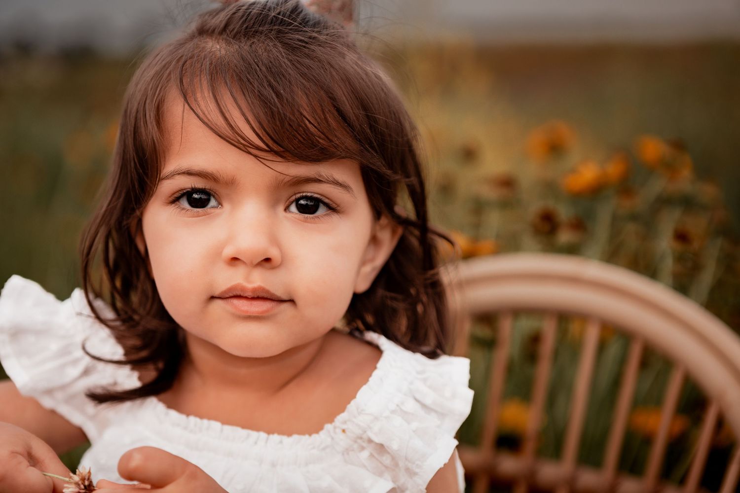 A small child in a white ruffled dress sits outdoors with sunflowers blooming in the background.