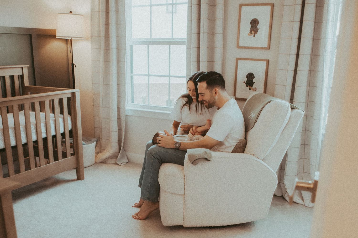 A collage of warm-toned nursery photos showing a cozy rocking chair, crib, and family moments in a sunlit room.