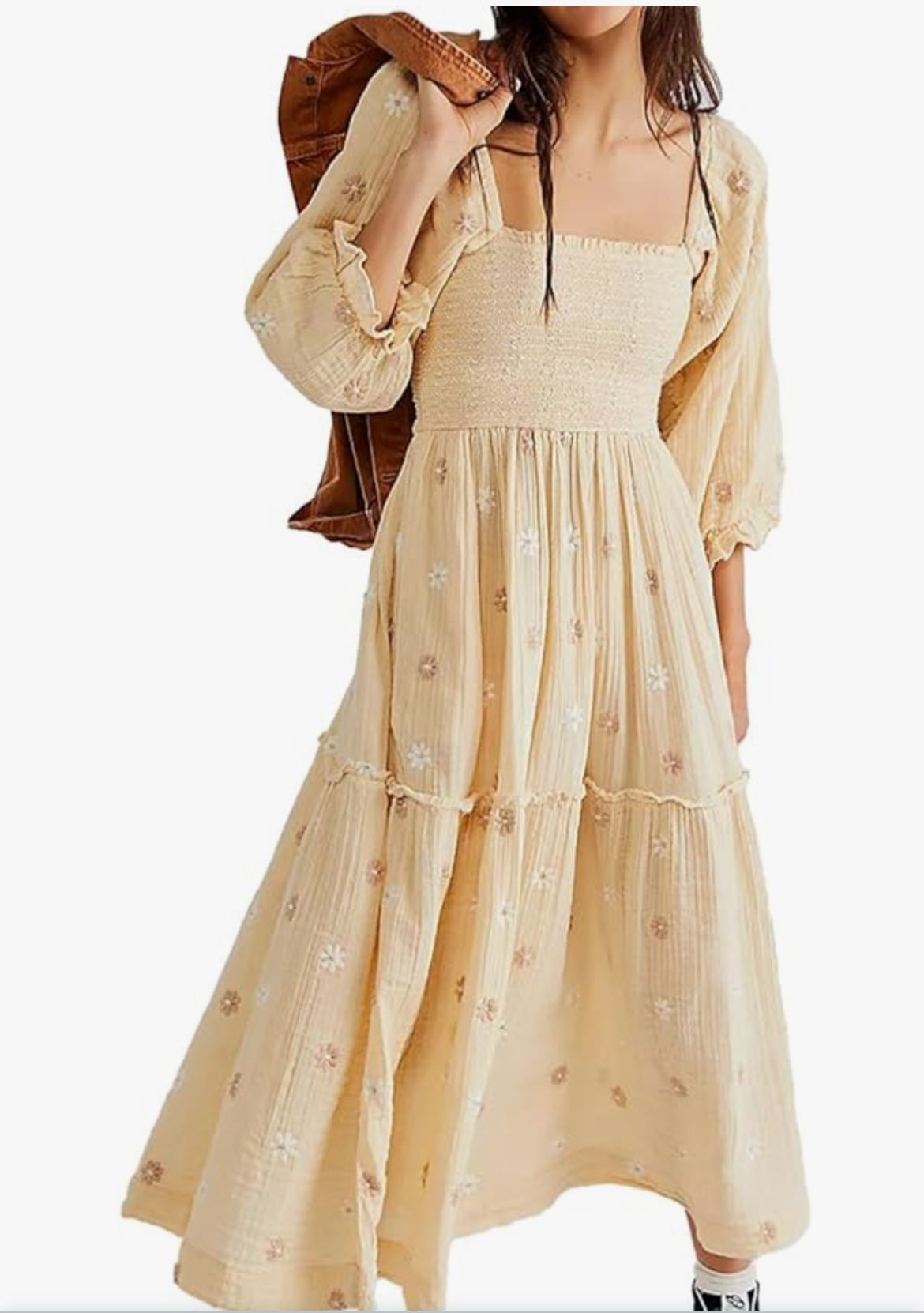 Cream-colored babydoll dress with puff sleeves and delicate floral embroidery details shown from multiple angles.