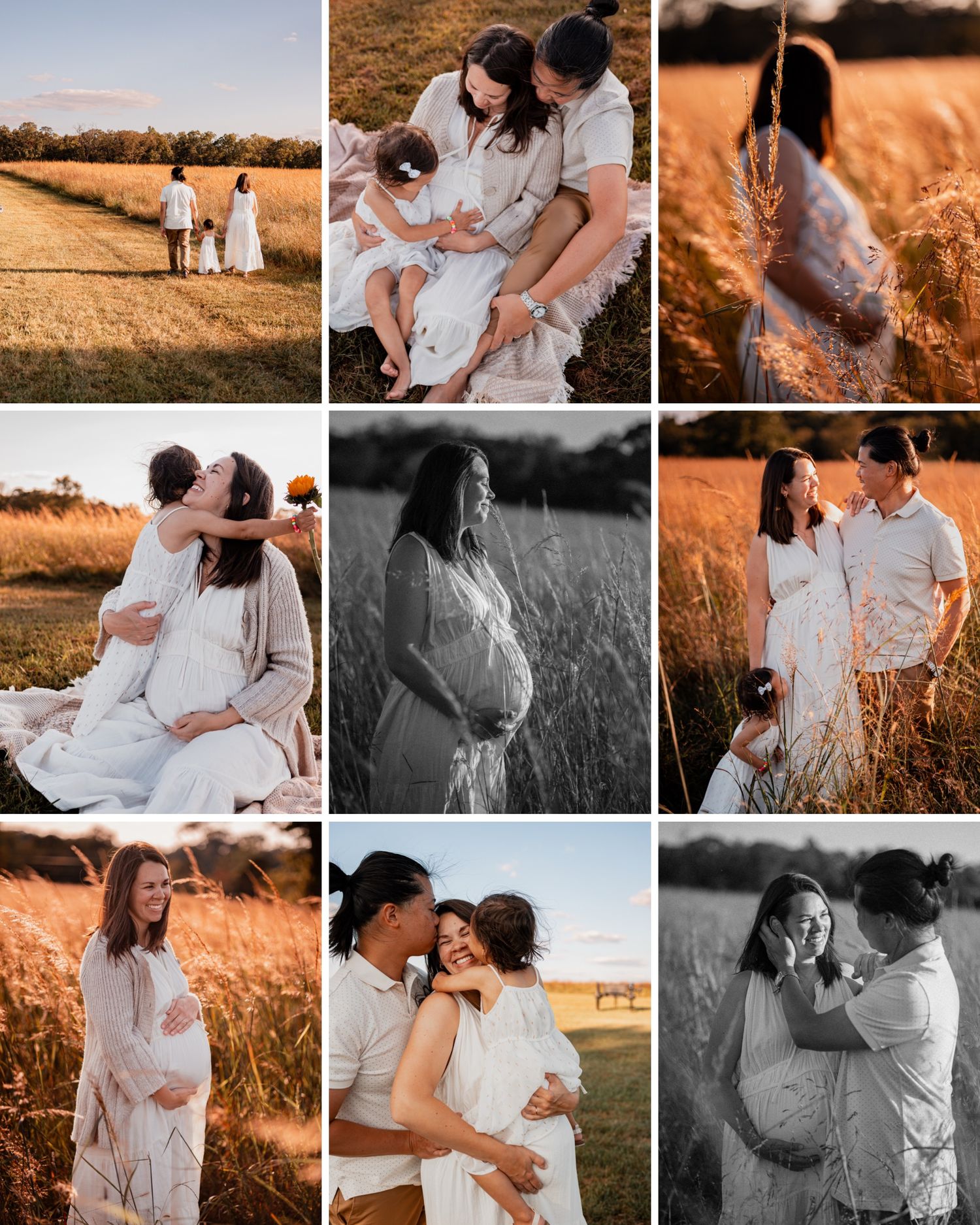 A couple shares tender moments in a sunlit field wearing white and grey outfits during a romantic photoshoot session.