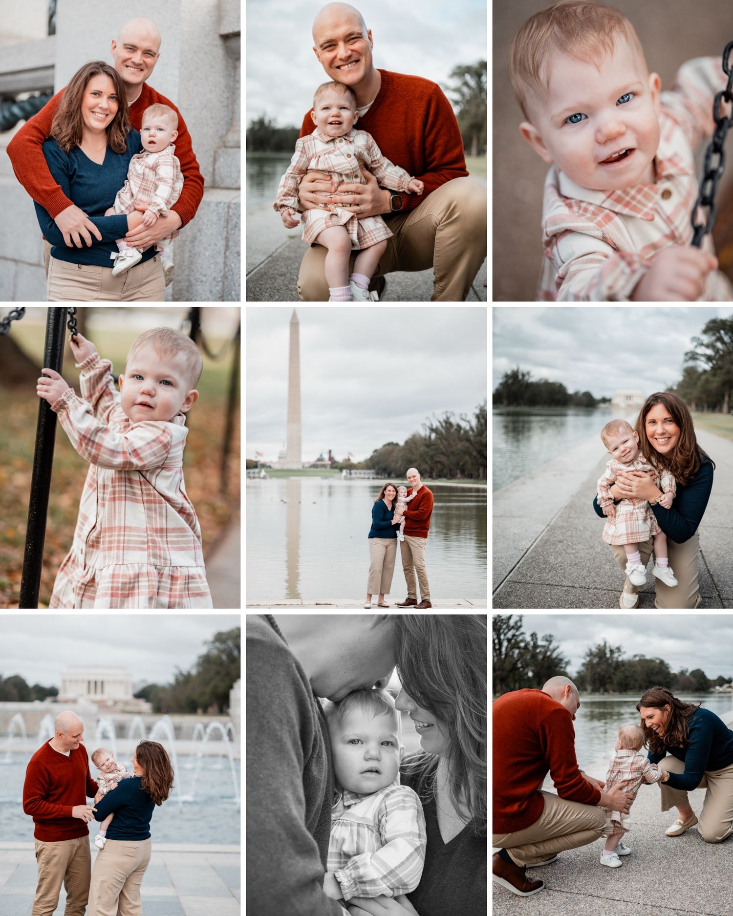 A series of family portraits taken around the Washington DC monuments and Tidal Basin during a sunny day.