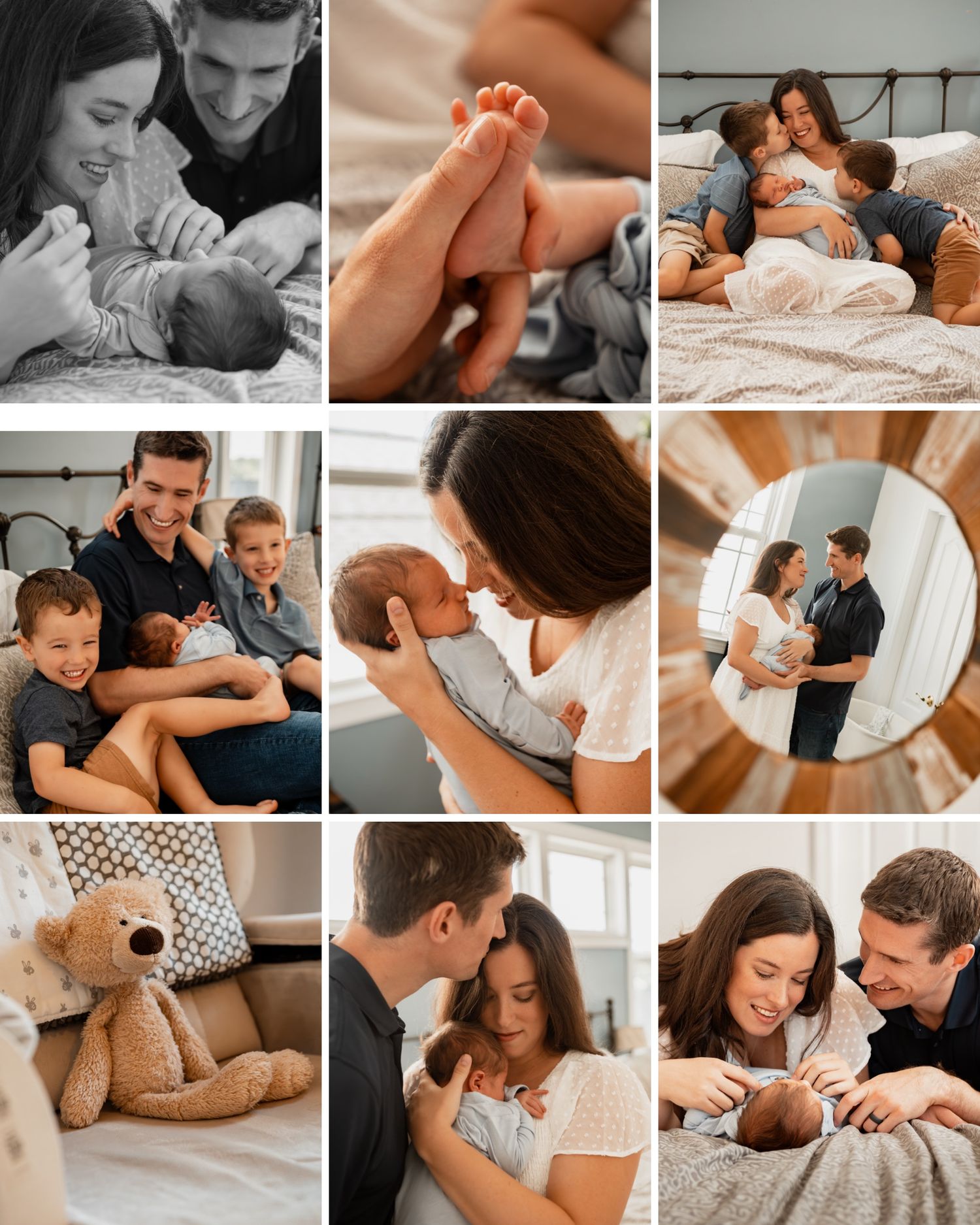 Intimate couple photography collage showing tender moments and romantic interactions in various casual indoor settings.
