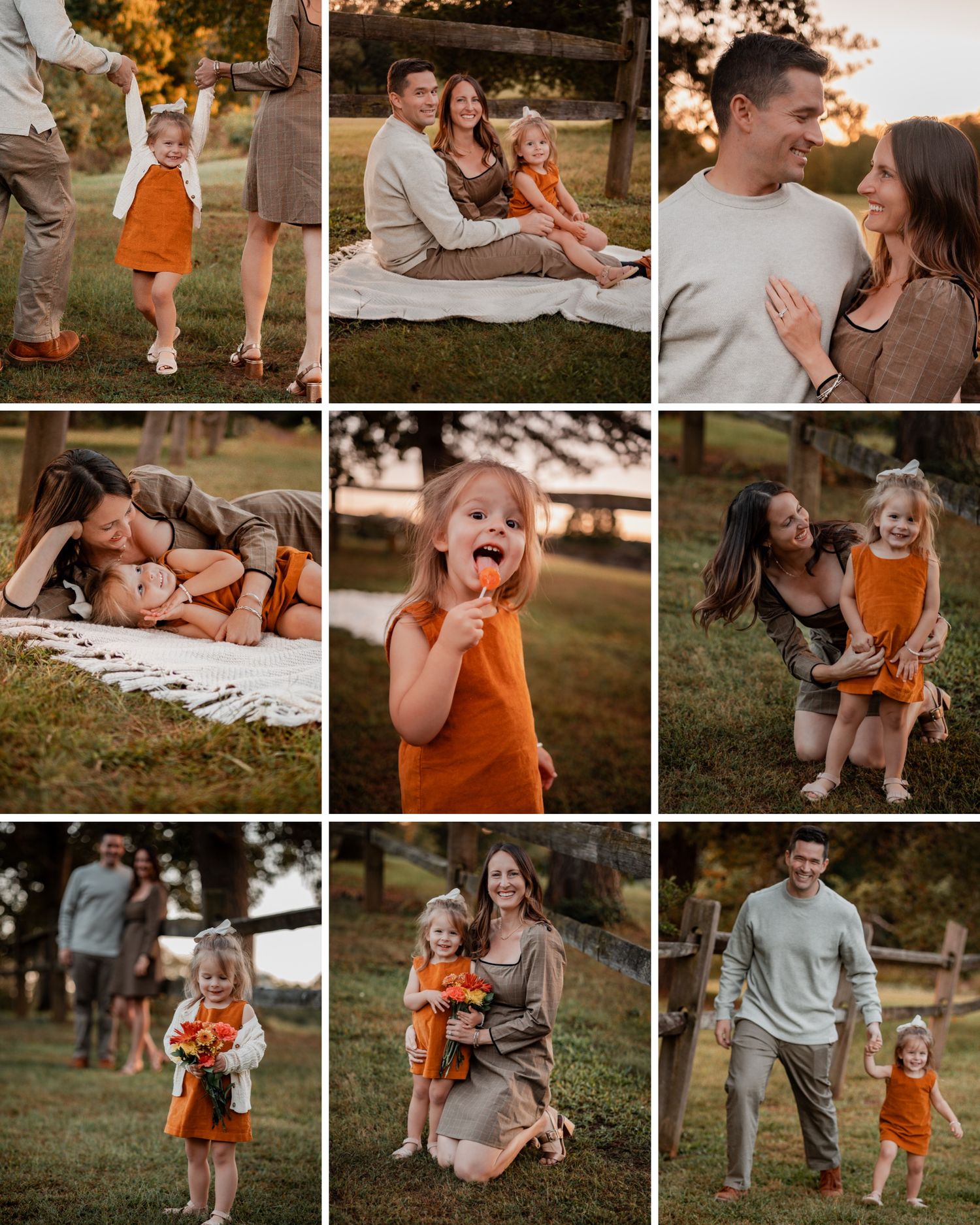 A collection of warm-toned outdoor family photos featuring autumn colors and casual interactions in a natural setting.