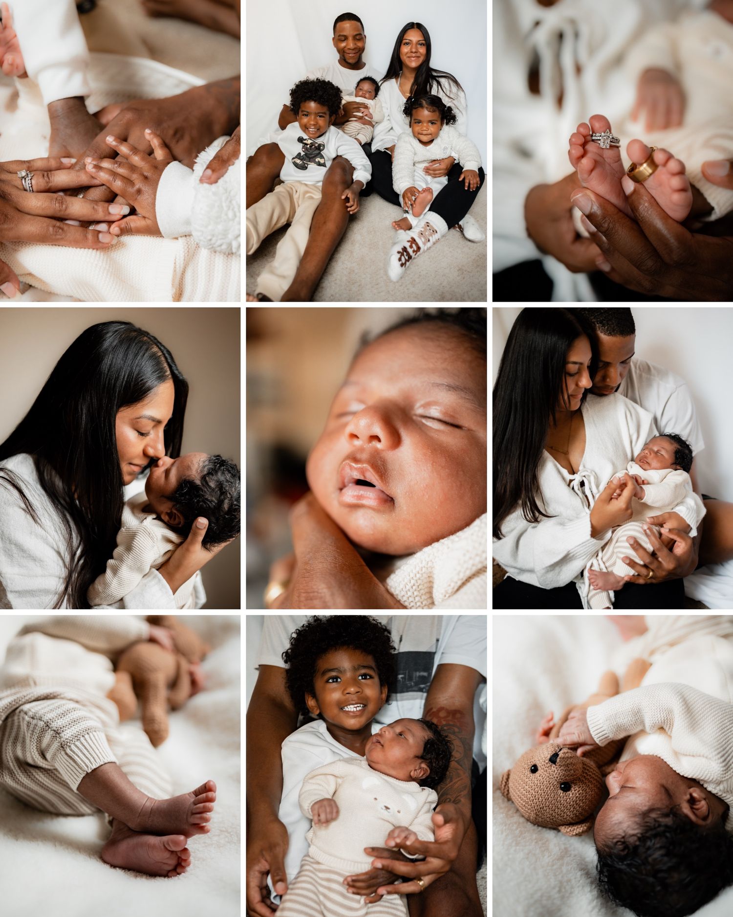 A heartwarming collection of intimate newborn photography moments showing tender family interactions in soft natural light.