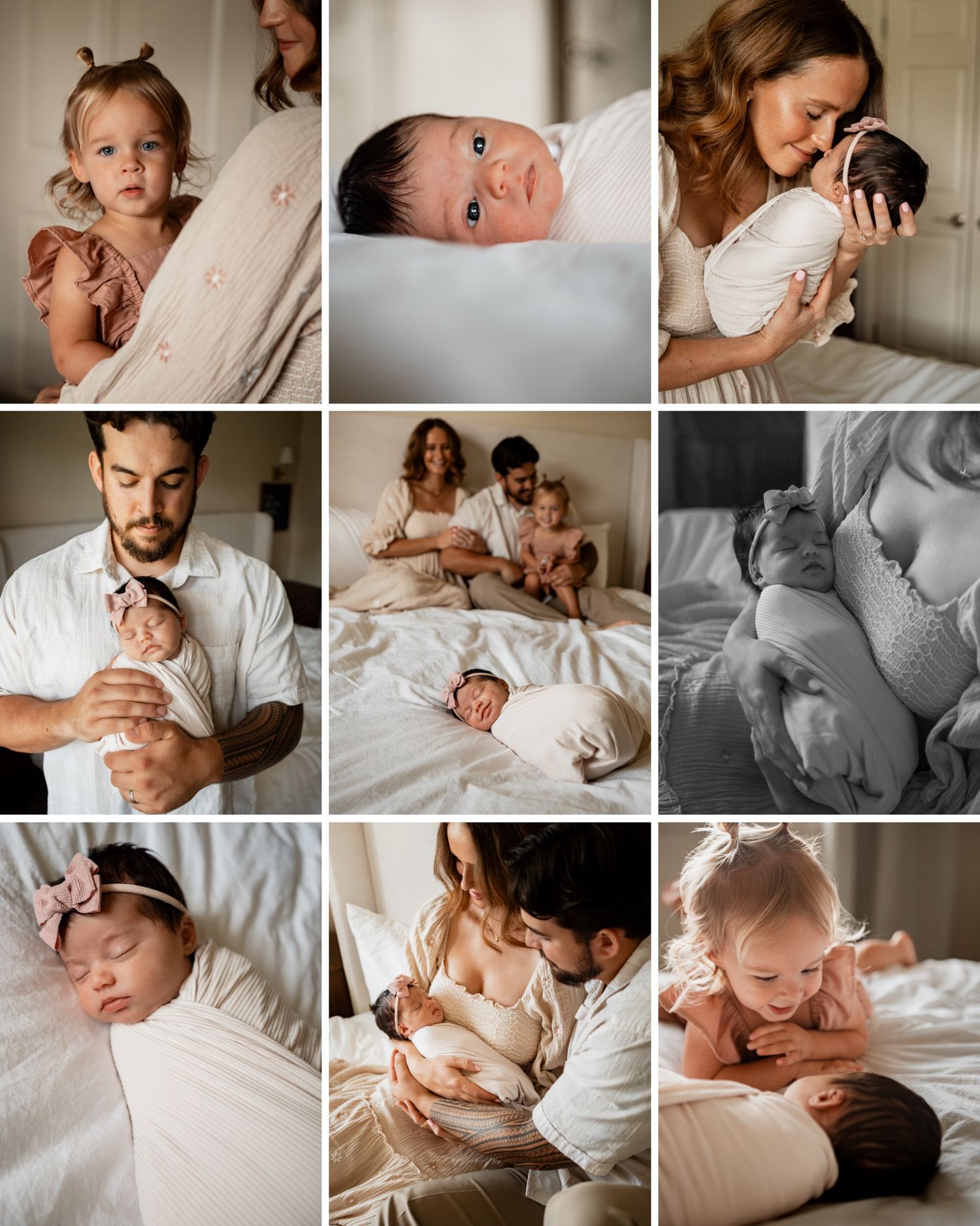A collection of intimate lifestyle photos showing tender moments between parents and newborns in soft natural light.