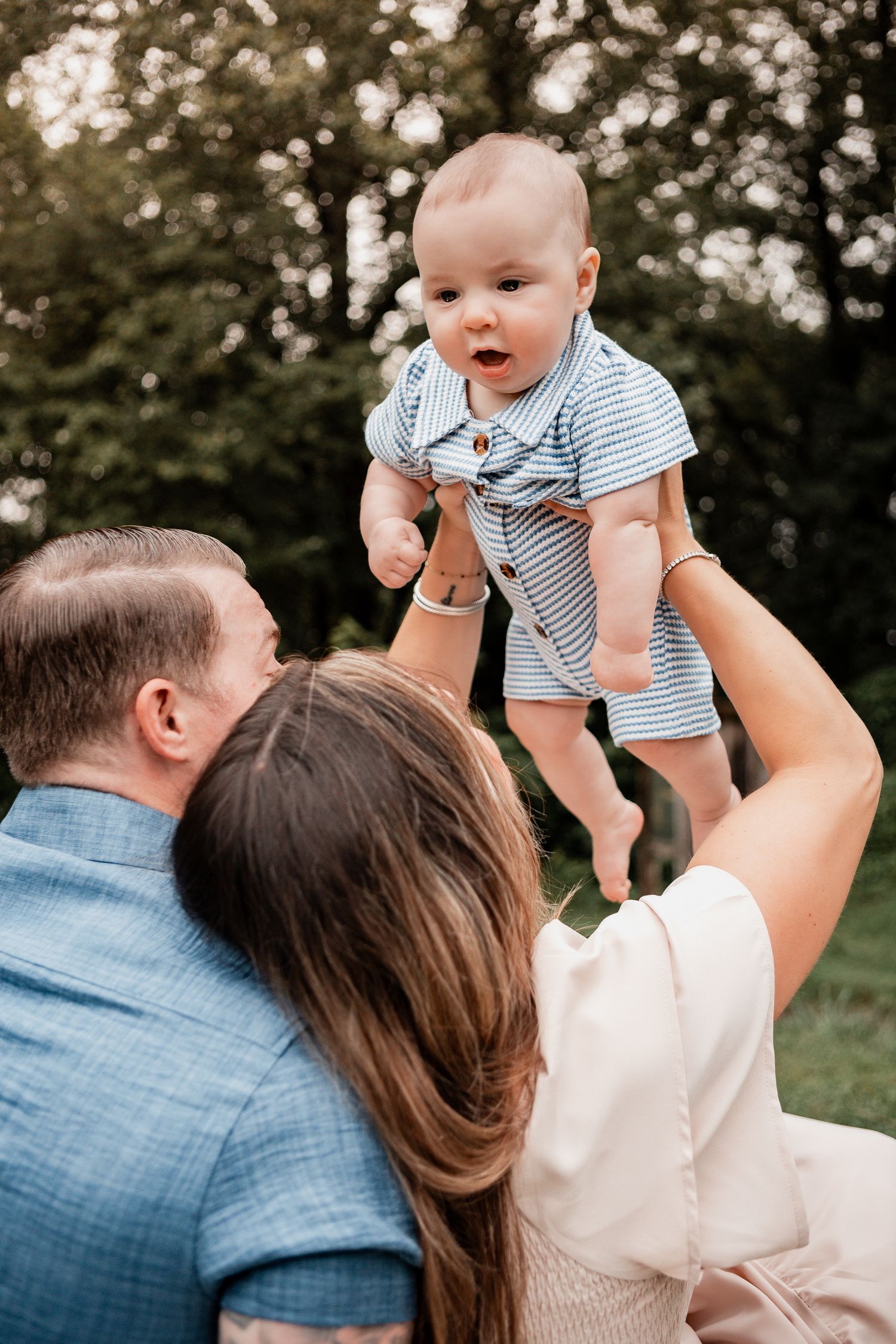 Family photography sequence showing joyful moments with baby against natural outdoor backdrop.