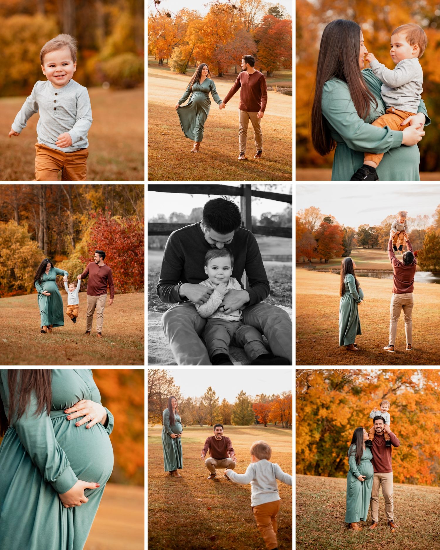 A heartwarming autumn family photo collage featuring candid moments and maternity shots against vibrant orange fall foliage.