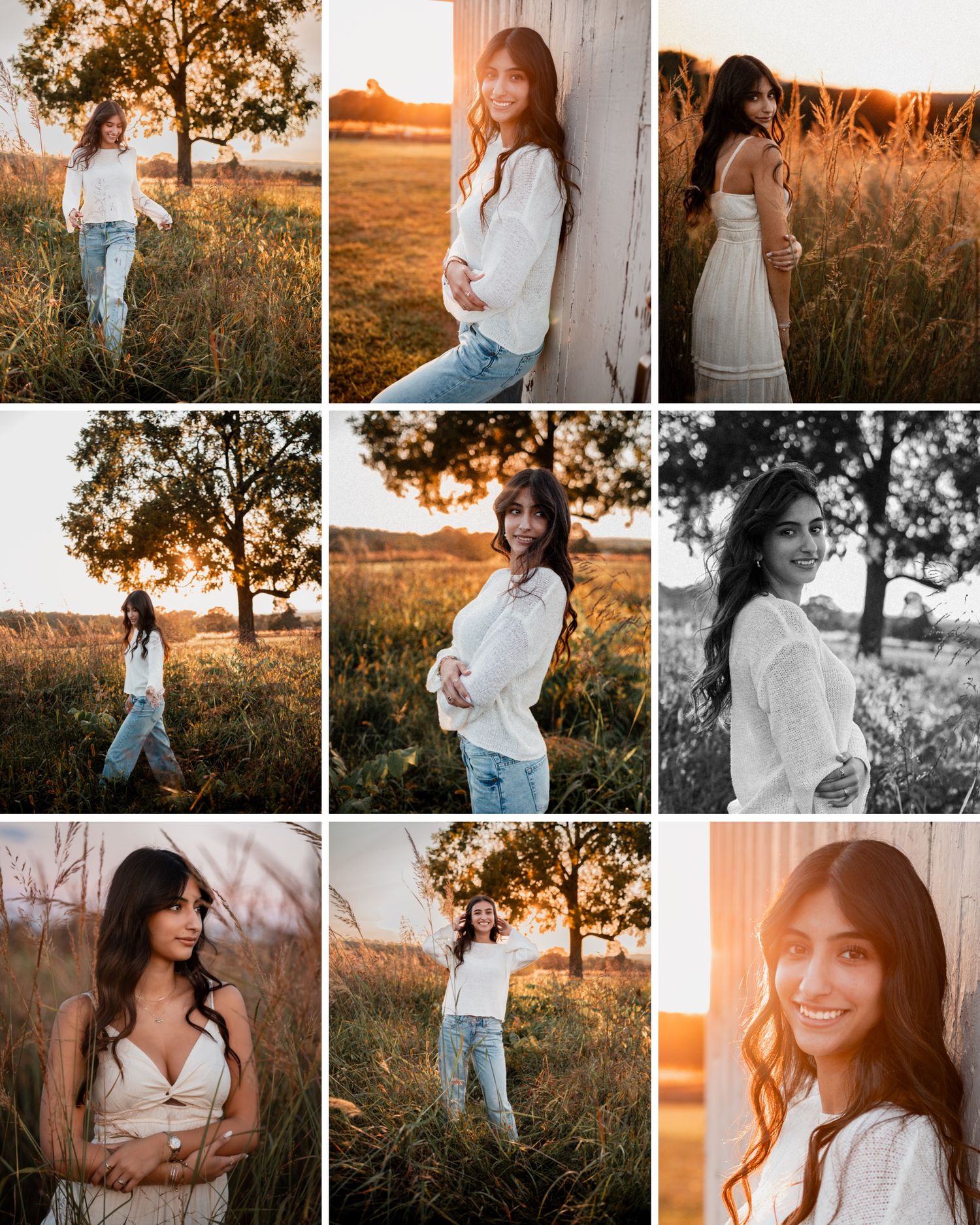 A collection of portrait photos taken at golden hour in a field with warm sunset lighting and natural outdoor settings.