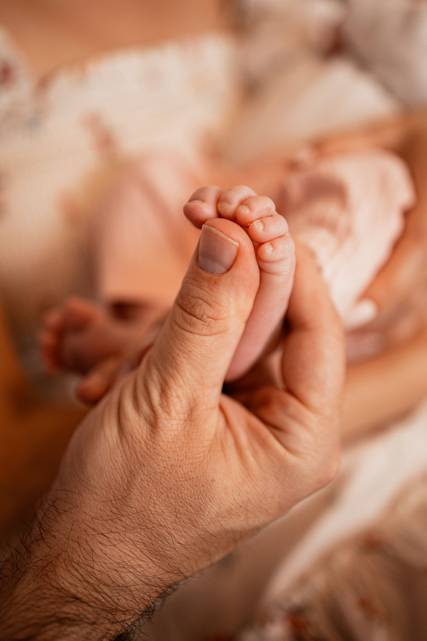 Close-up detail of tiny newborn baby toes and fingers in warm lighting.