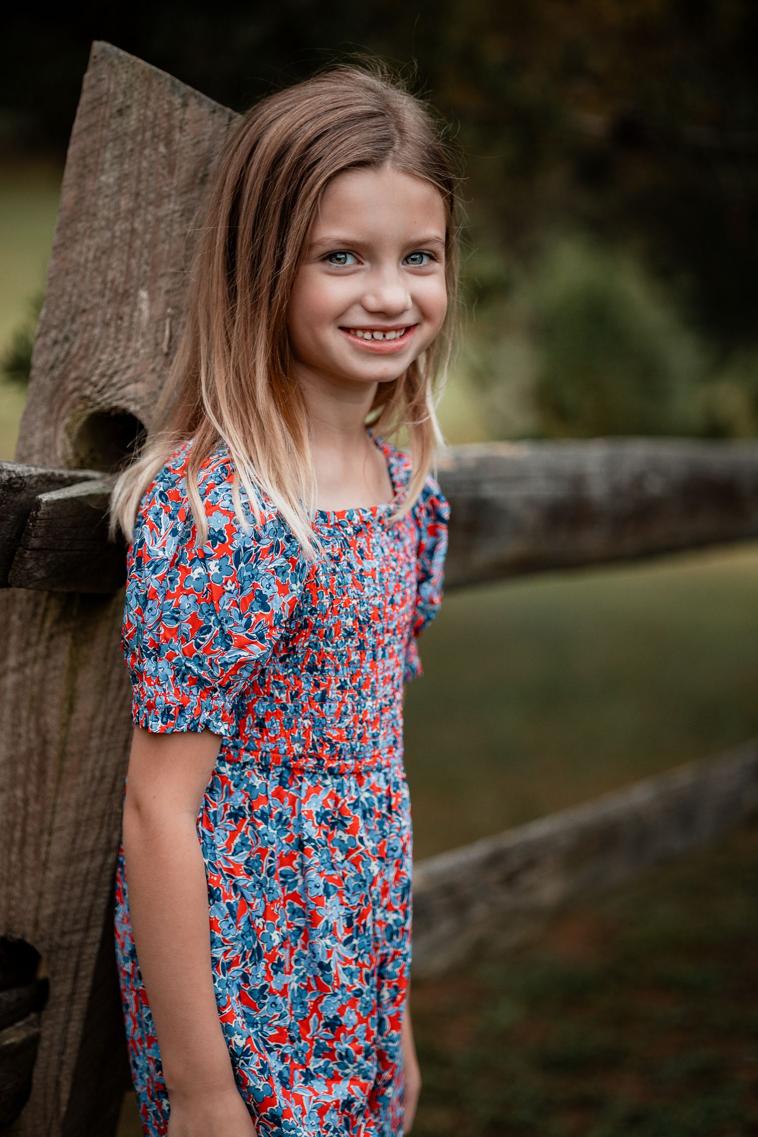 A series of outdoor portraits showing a young person in a blue and red floral dress leaning against a wooden fence.