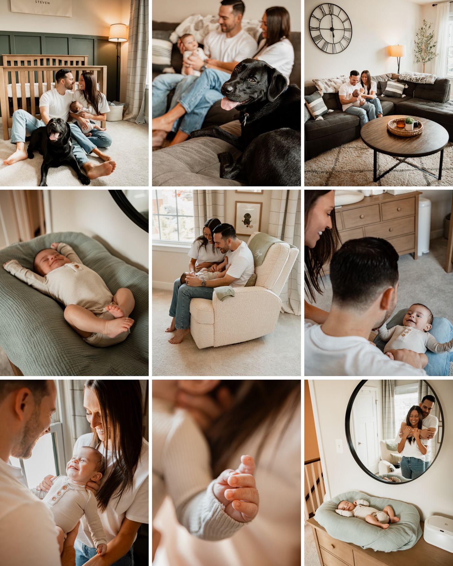 A collection of intimate lifestyle photographs showing tender moments between two people at home in warm, natural lighting.