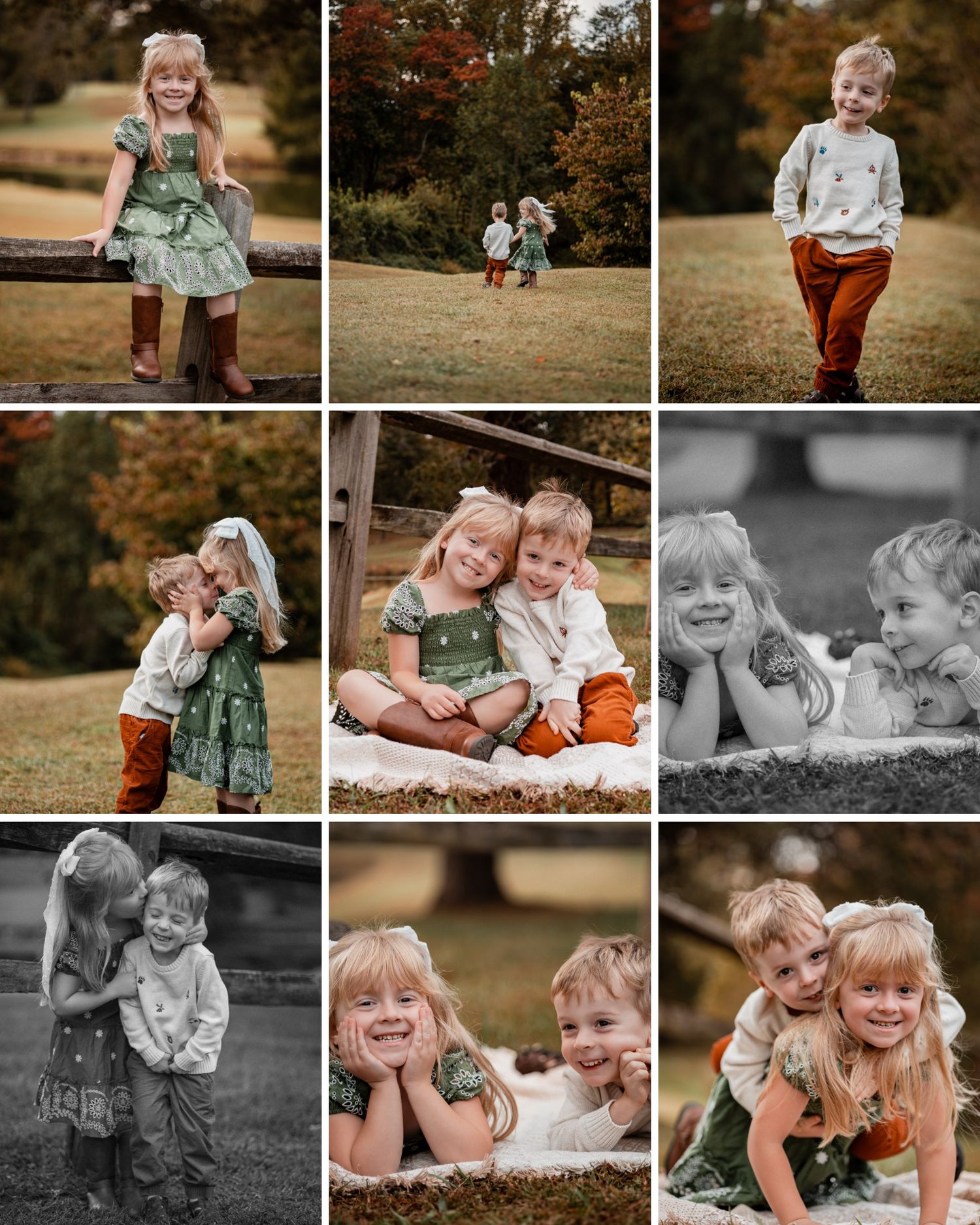 A collection of outdoor autumn family photos showing playful moments and sweet interactions in a natural setting.