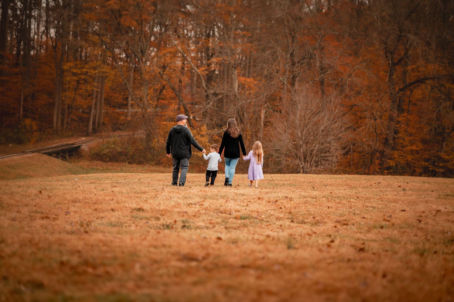 A family walks together in the distance across an autumn field with orange trees in the background.