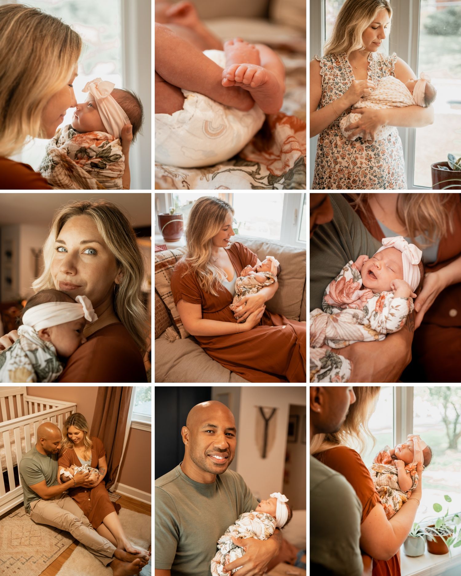 Collection of lifestyle newborn photography showing quiet moments at home in natural window light.