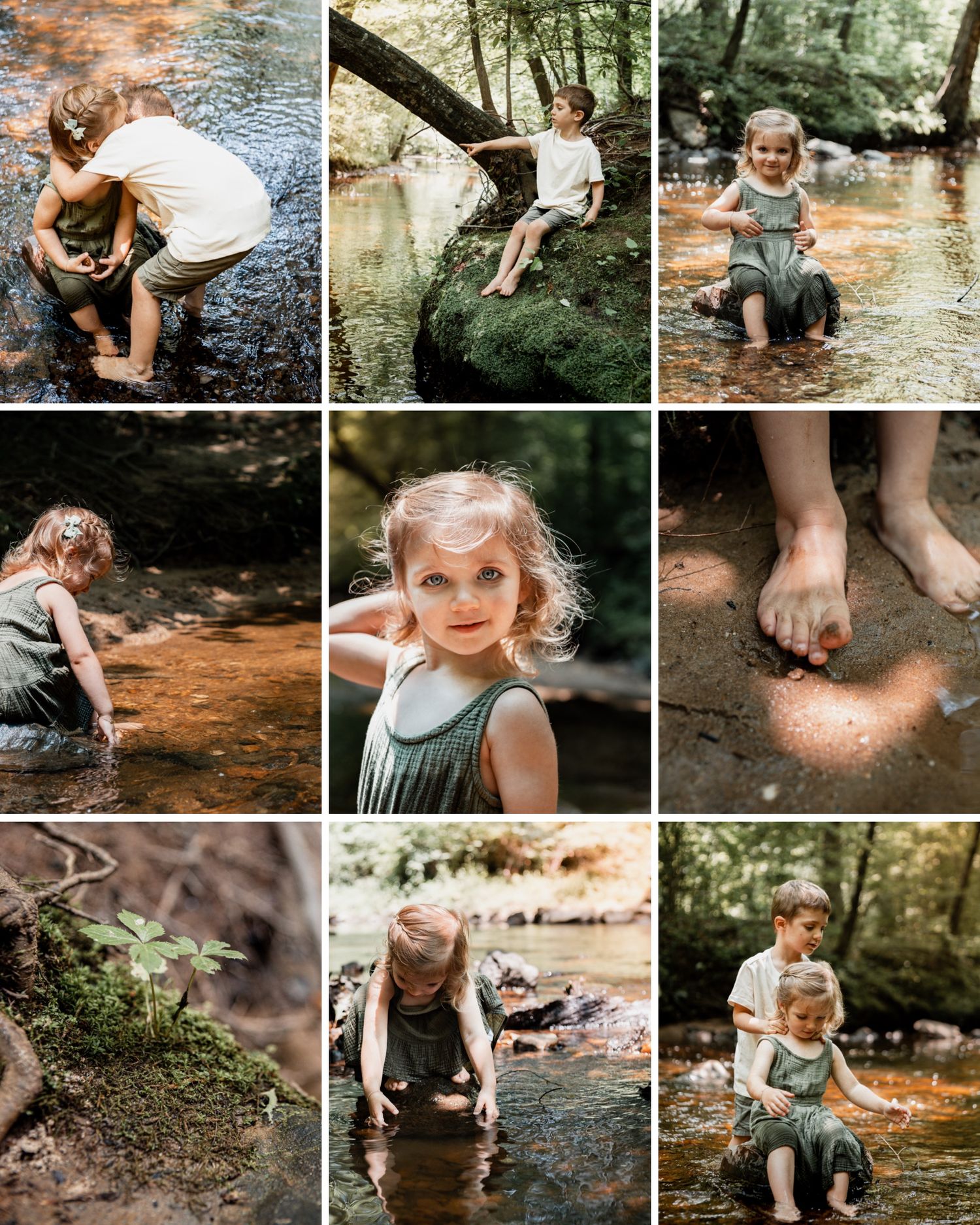 Children explore and play in a natural creek setting with rocks and flowing water on a sunny summer day.