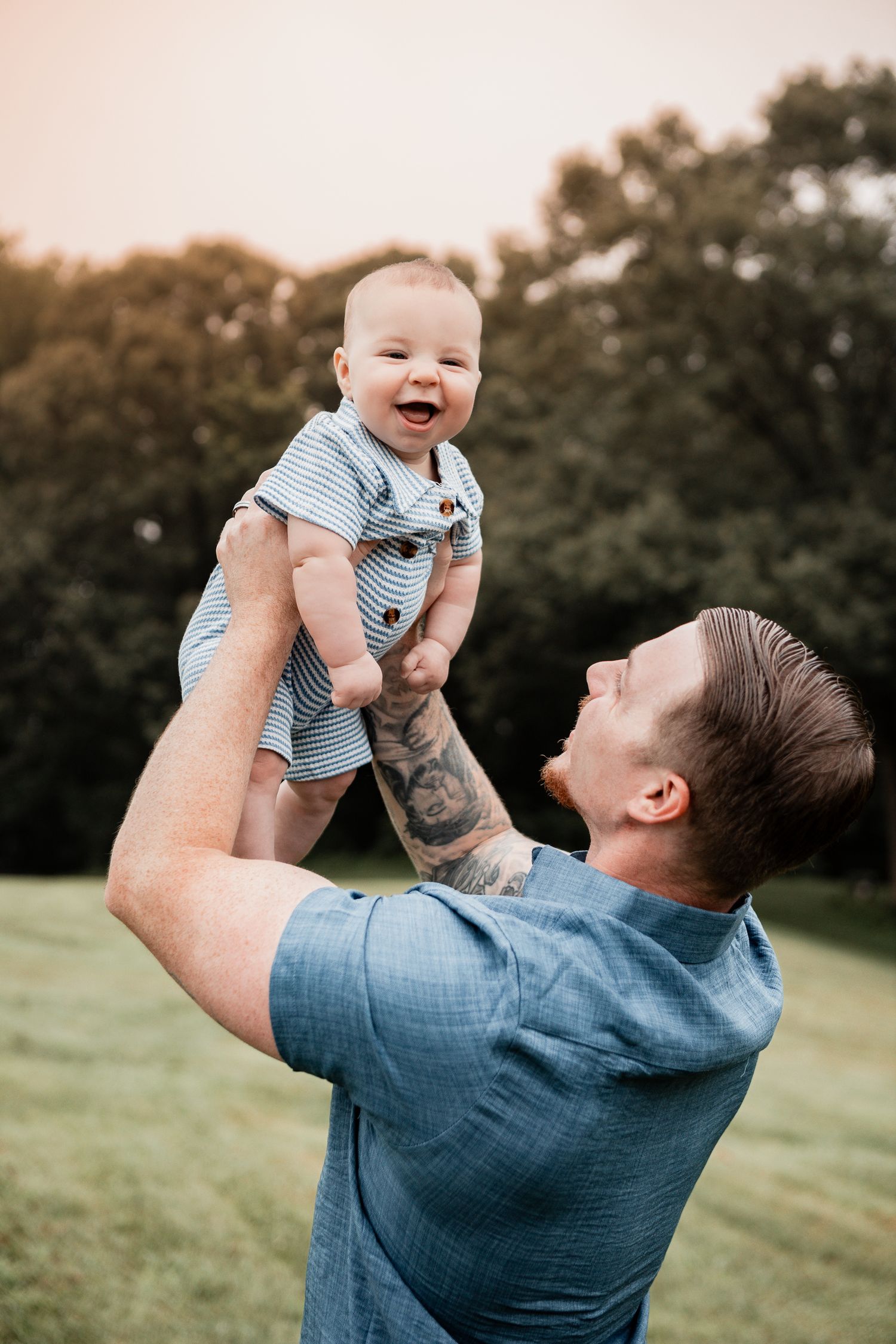 Family portrait sequence showing playful interaction with baby wearing striped onesie in outdoor setting at sunset.