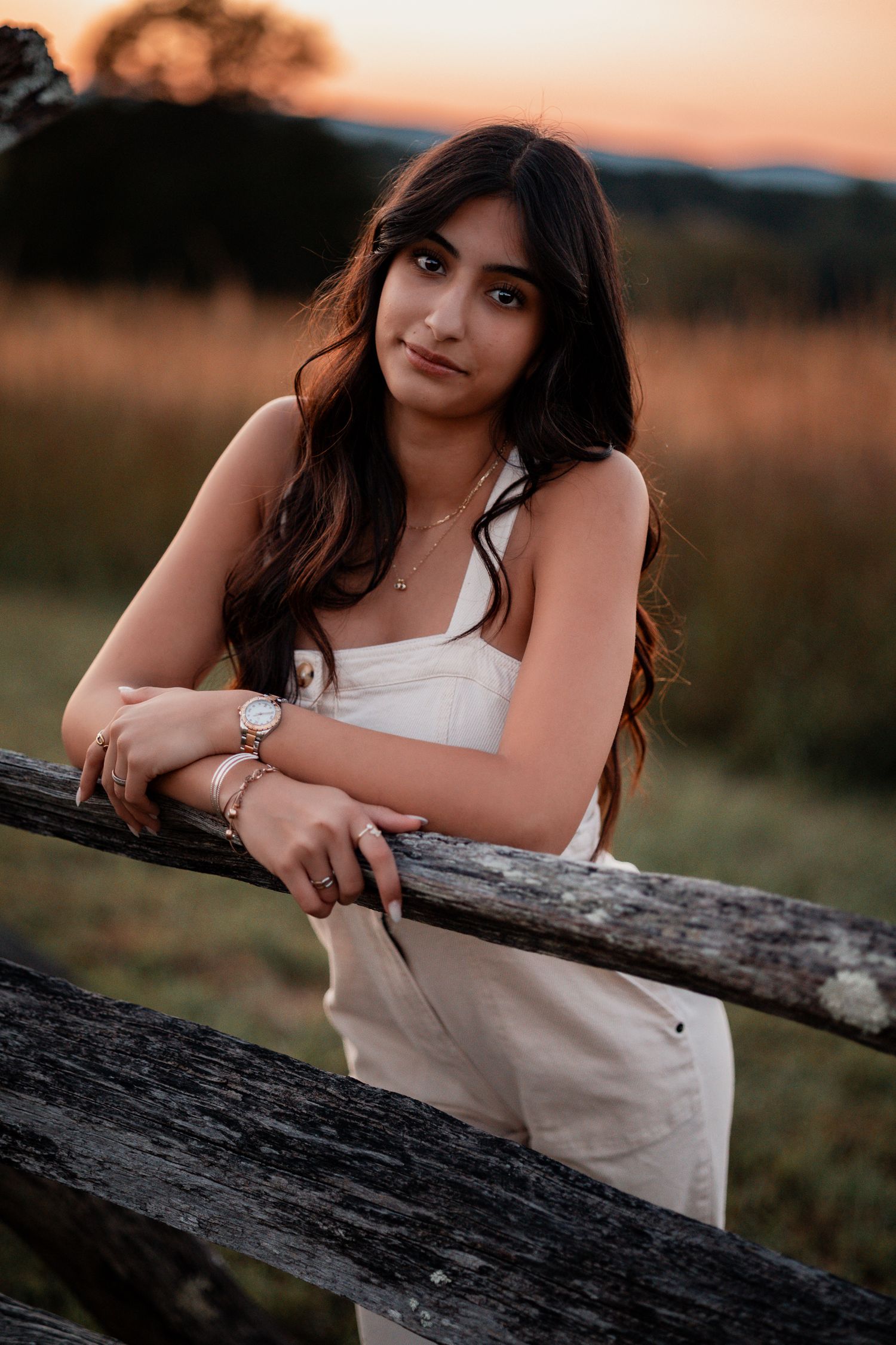A series of warm sunset photos showing someone in a white top leaning against a rustic wooden fence in a rural setting.
