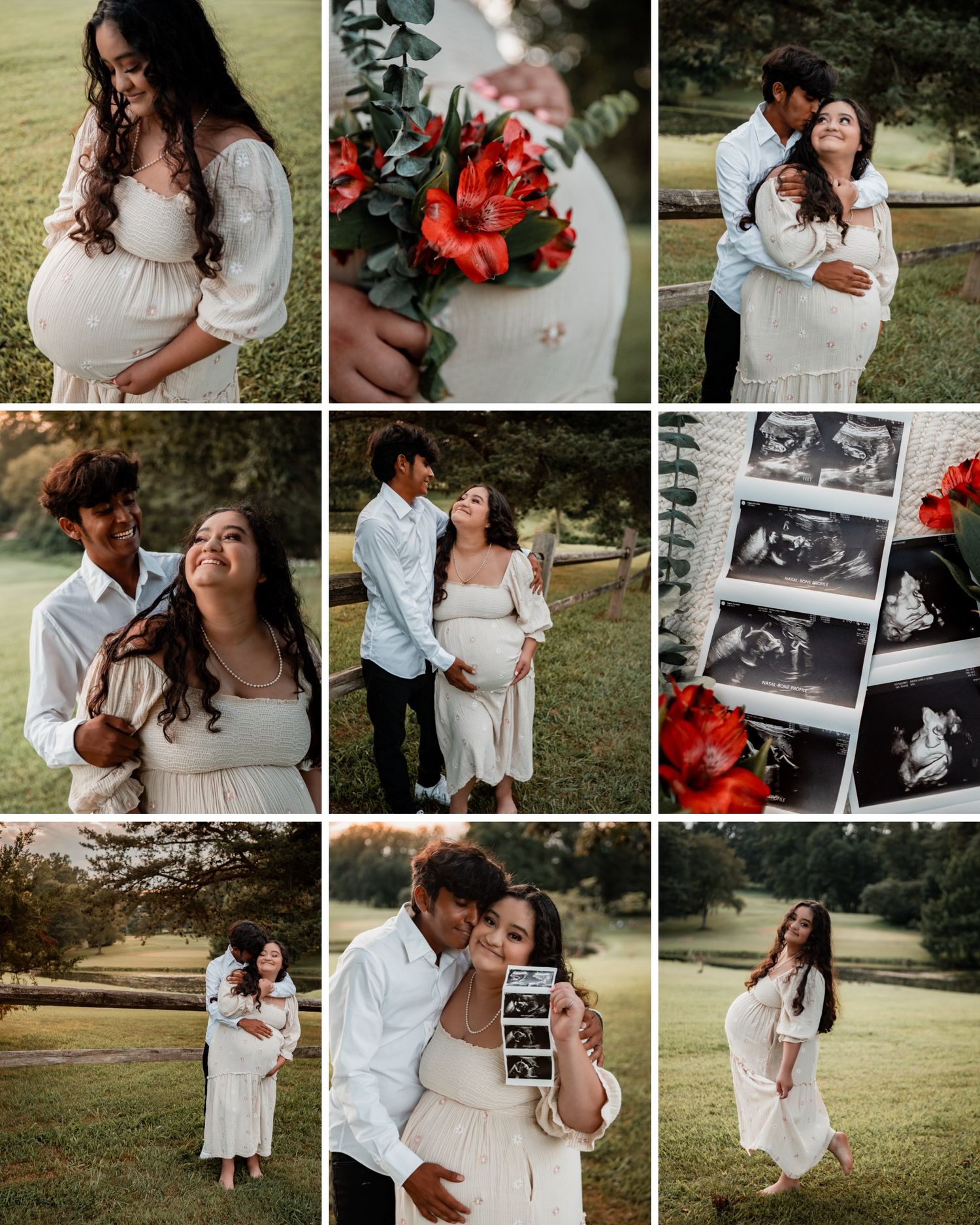 A collection of maternity and pregnancy announcement photos featuring outdoor portraits, floral details, and ultrasound images.