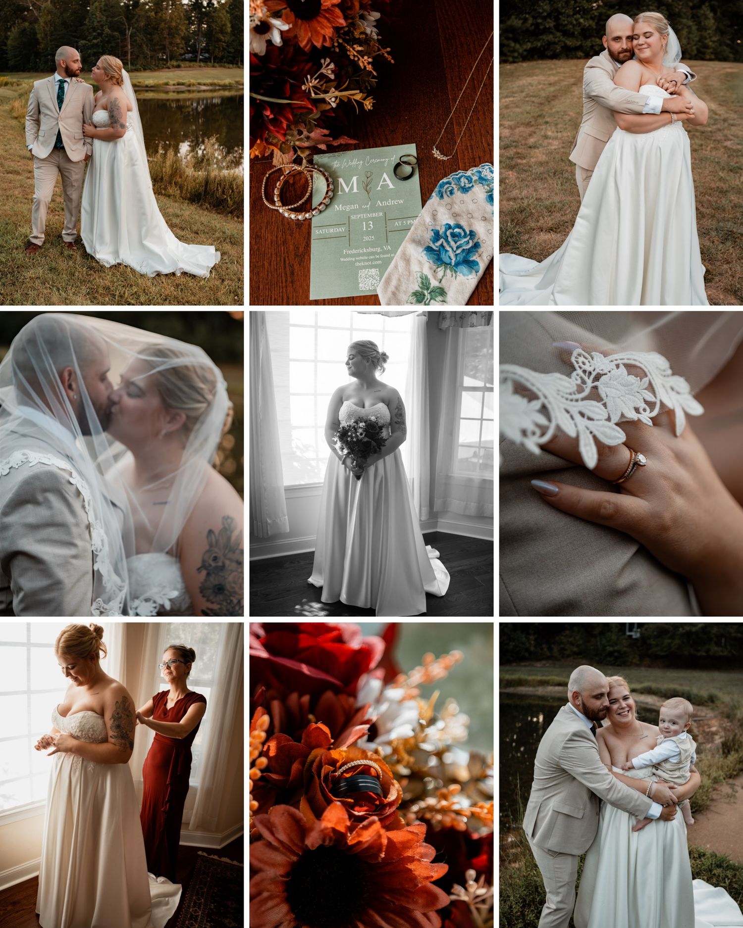 A collection of romantic wedding photography moments showing details of rings, flowers, dresses and intimate embraces in various settings.
