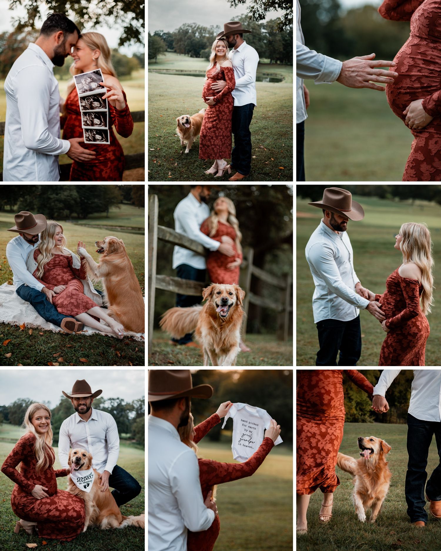 A couple in a field with a golden retriever sharing a romantic moment during a pregnancy announcement photoshoot.