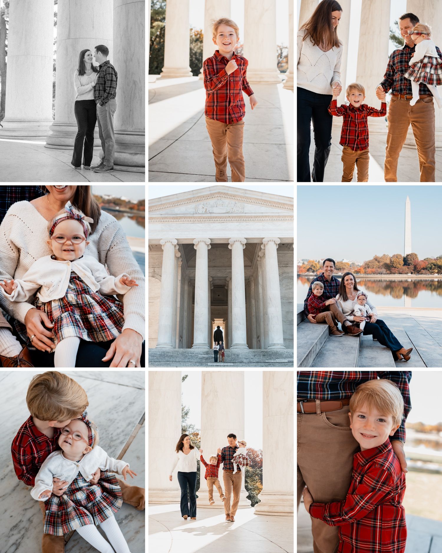 A collection of candid family photos featuring plaid shirts and casual moments at a columned architectural location.