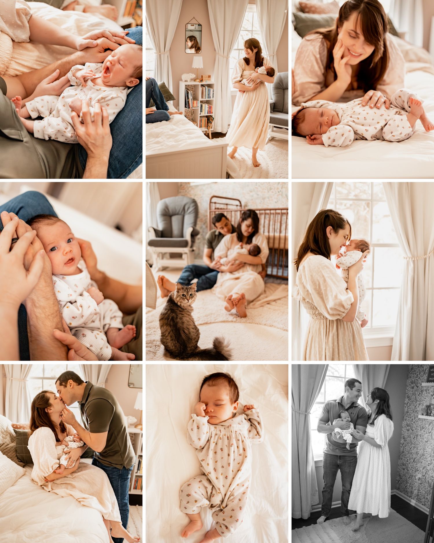 A collection of intimate lifestyle newborn photography showing tender moments between parents and baby in soft neutral tones.