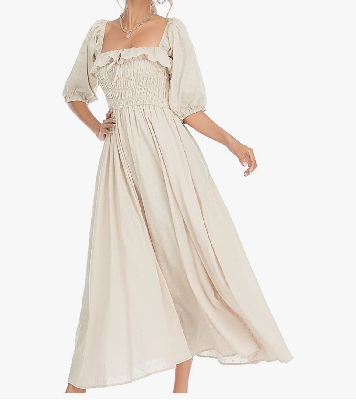 Elegant beige midi dress with puff sleeves, smocked bodice and square neckline in a romantic cottagecore style.
