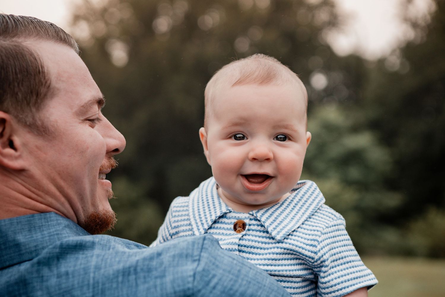 A series of joyful candid photos showing tender moments between a parent and baby outdoors at sunset.